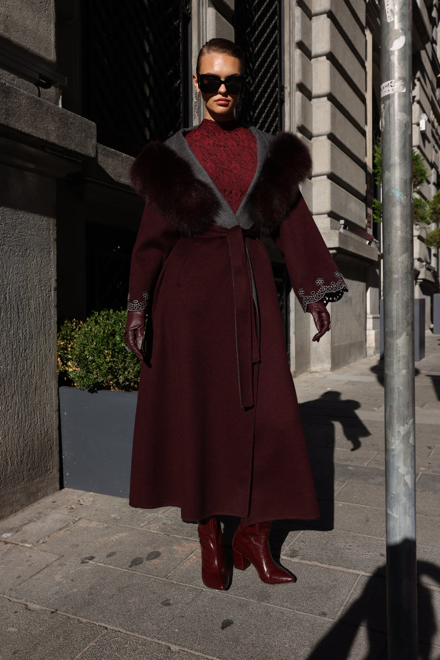 BURGUNDY EMBROIDERED ALPACA FOX FUR COAT -9021