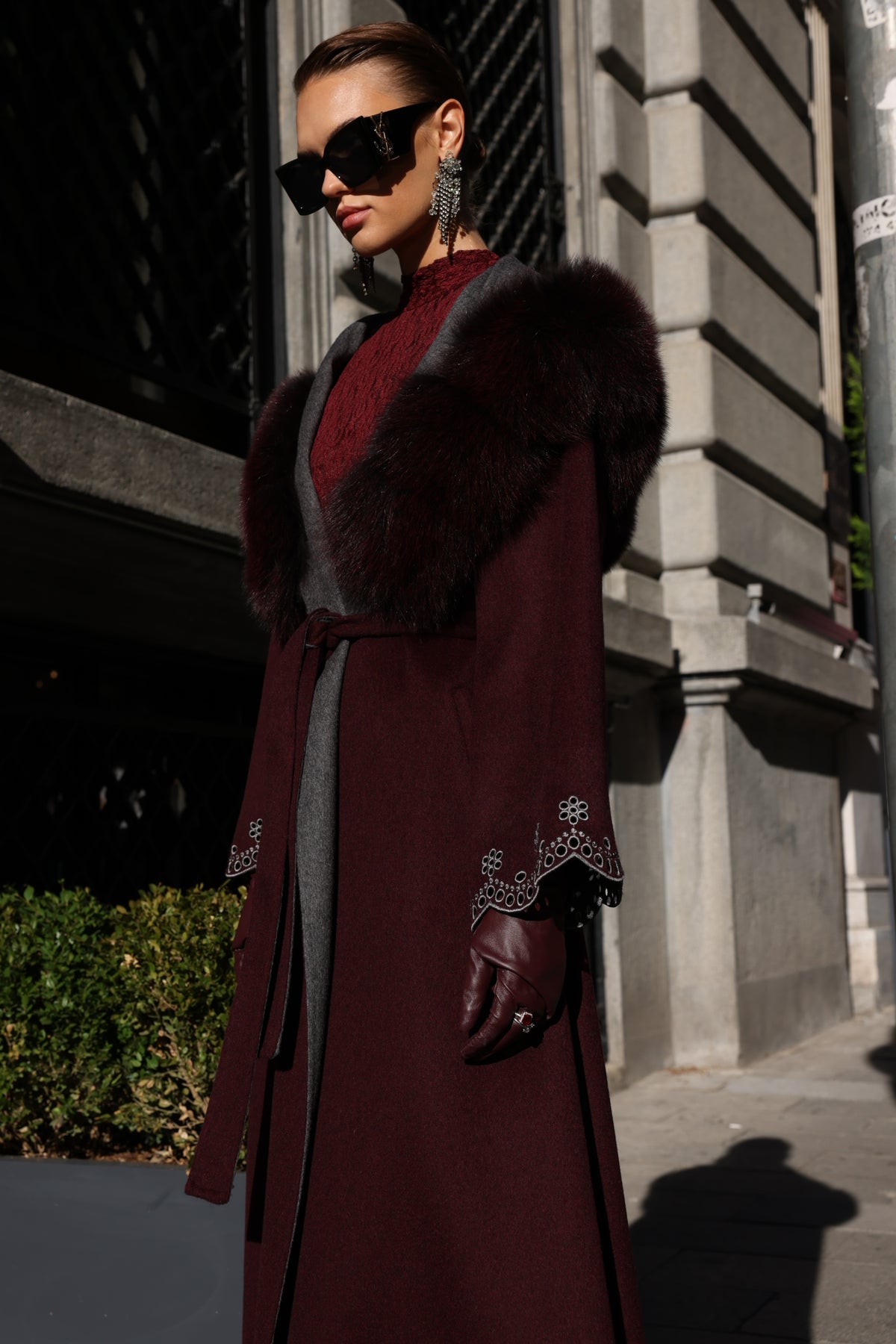BURGUNDY EMBROIDERED ALPACA FOX FUR COAT -9021