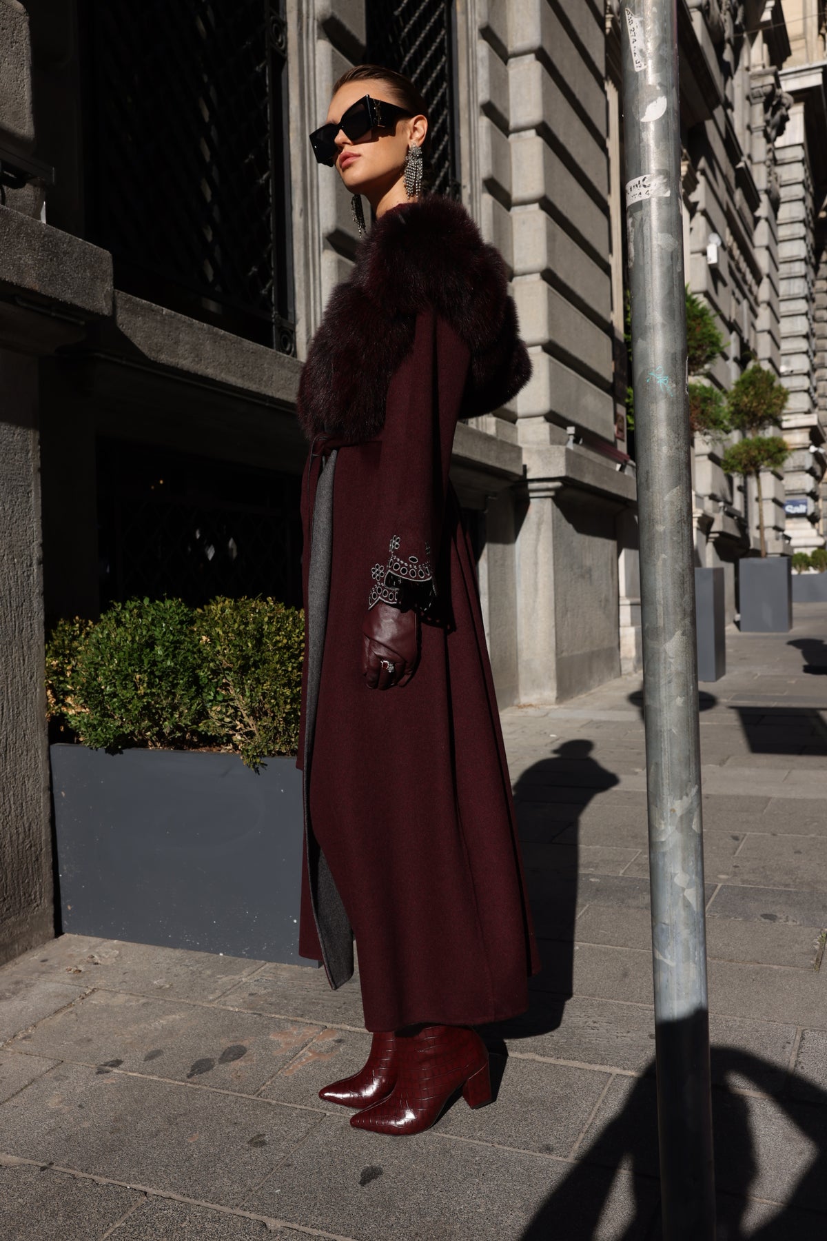 BURGUNDY EMBROIDERED ALPACA FOX FUR COAT -9021