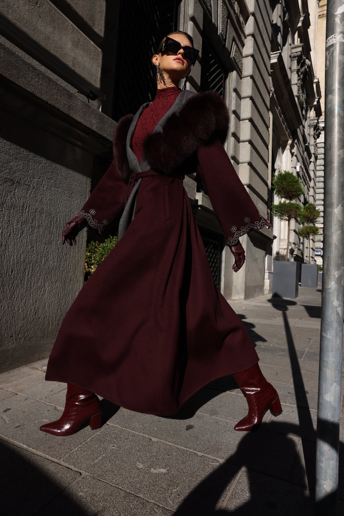 BURGUNDY EMBROIDERED ALPACA FOX FUR COAT -9021
