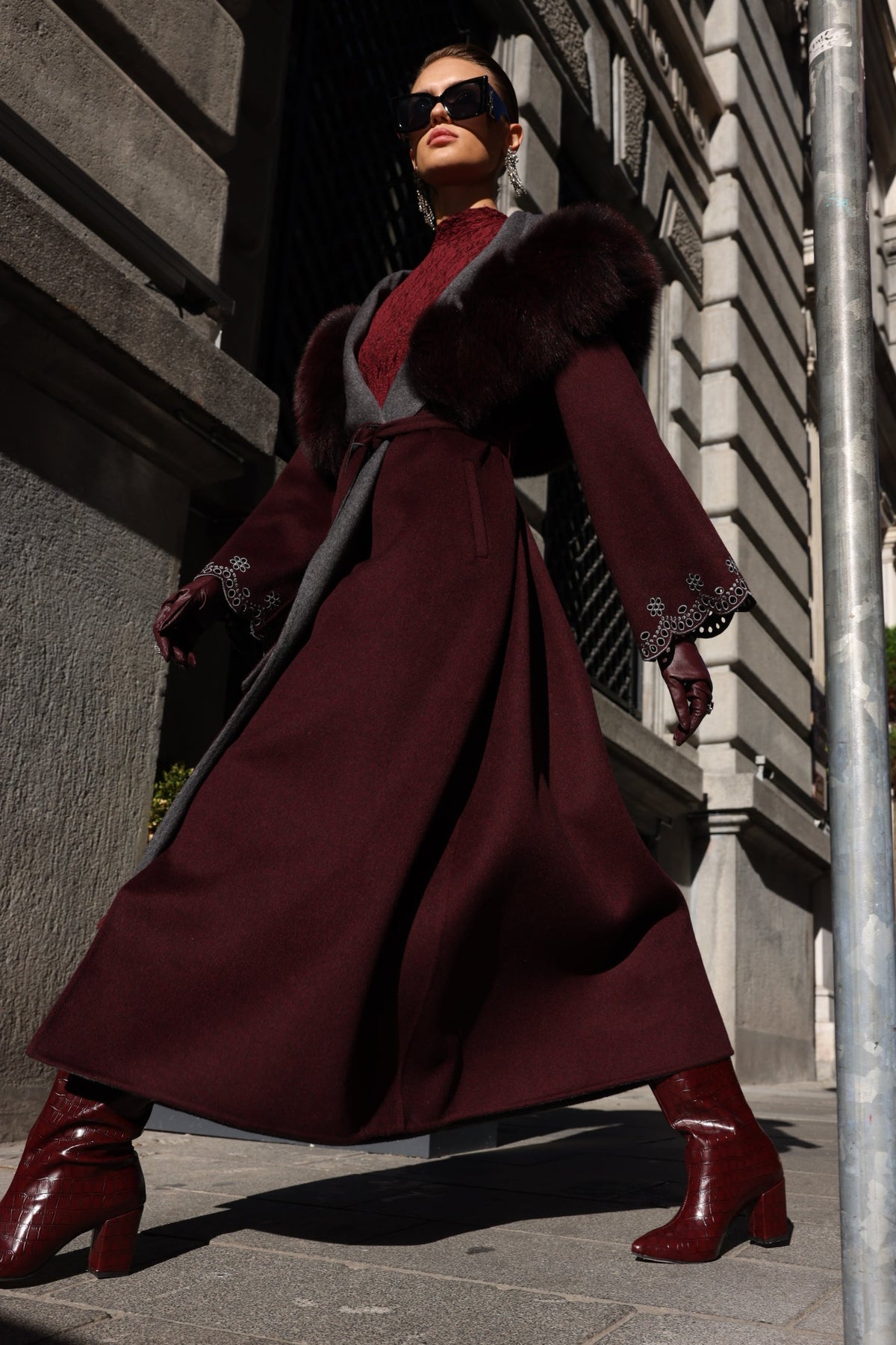 BURGUNDY EMBROIDERED ALPACA FOX FUR COAT -9021
