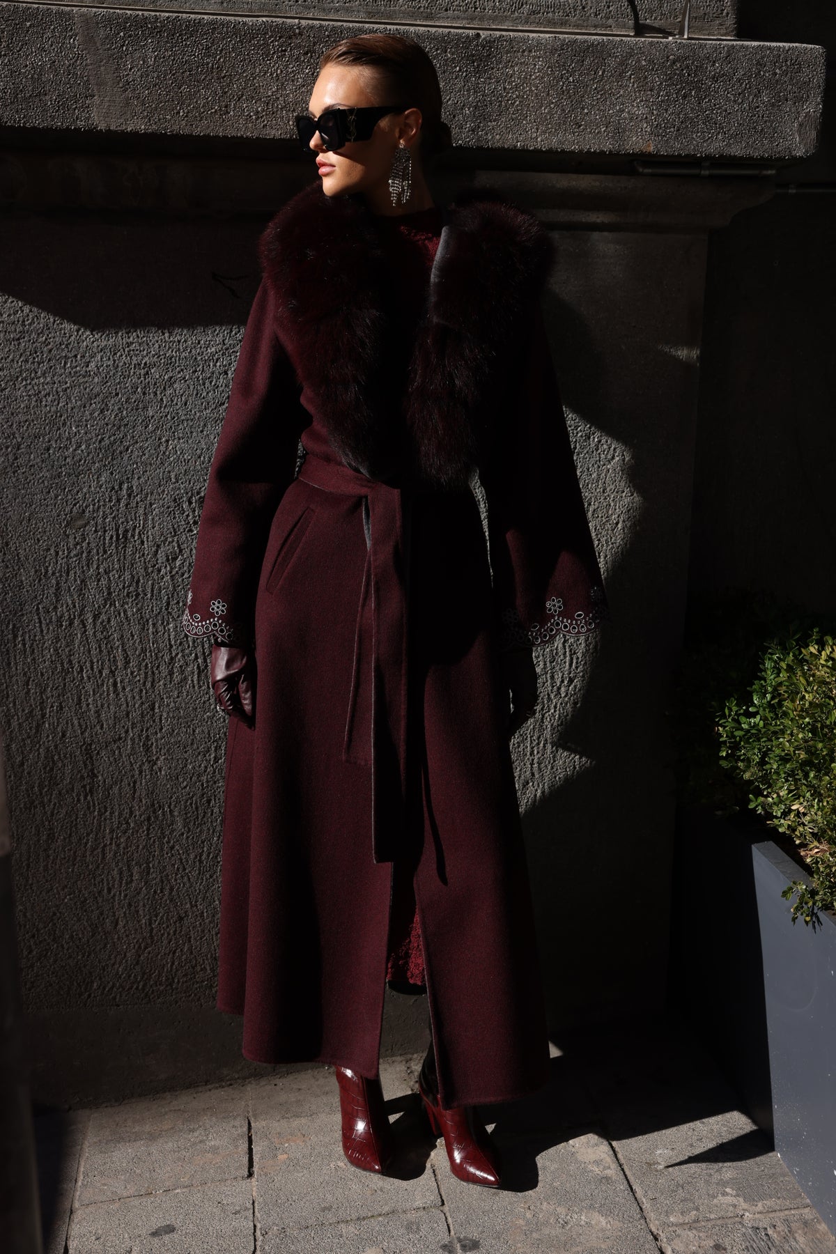 BURGUNDY EMBROIDERED ALPACA FOX FUR COAT -9021