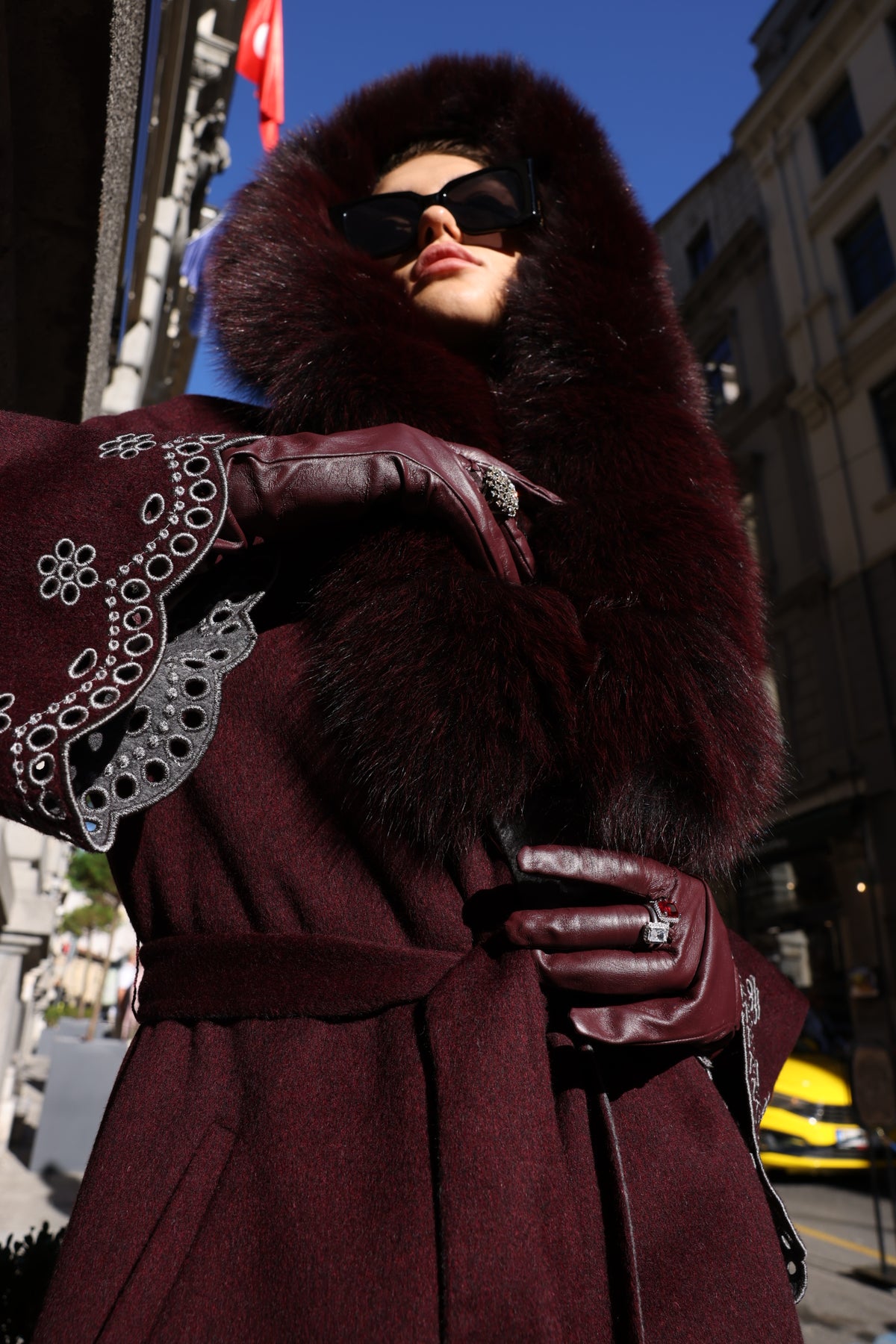 BURGUNDY EMBROIDERED ALPACA FOX FUR COAT -9021