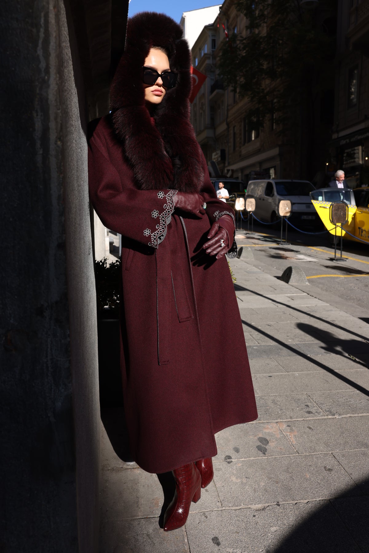 BURGUNDY EMBROIDERED ALPACA FOX FUR COAT -9021
