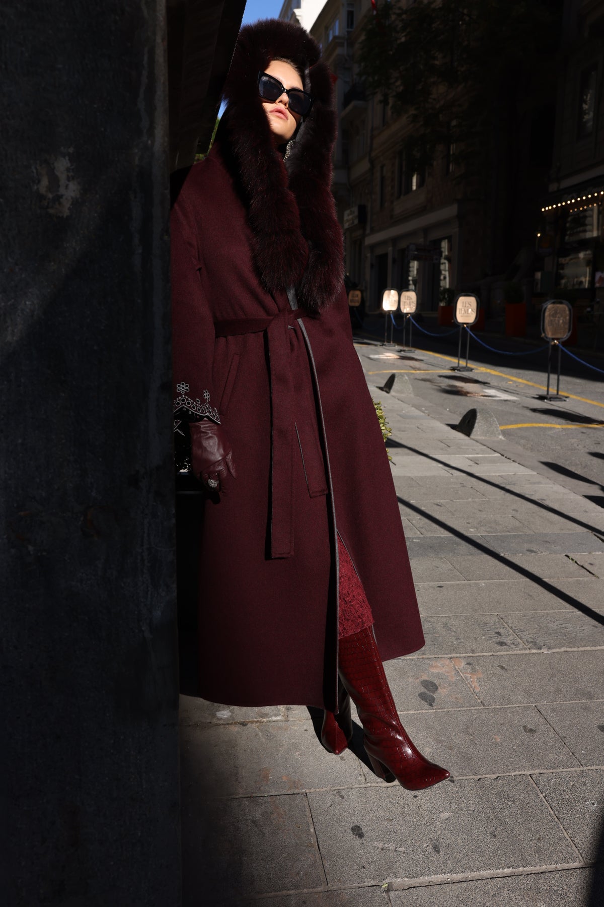 BURGUNDY EMBROIDERED ALPACA FOX FUR COAT -9021