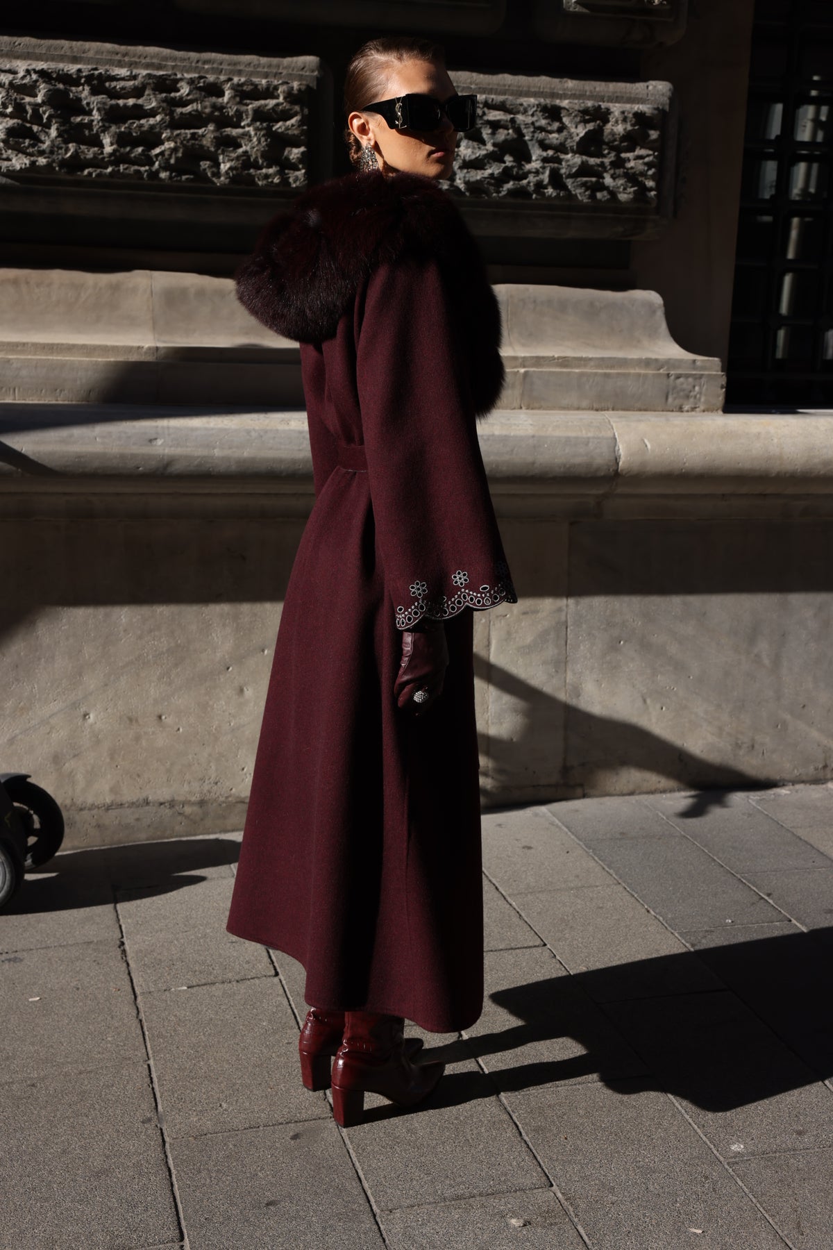 BURGUNDY EMBROIDERED ALPACA FOX FUR COAT -9021