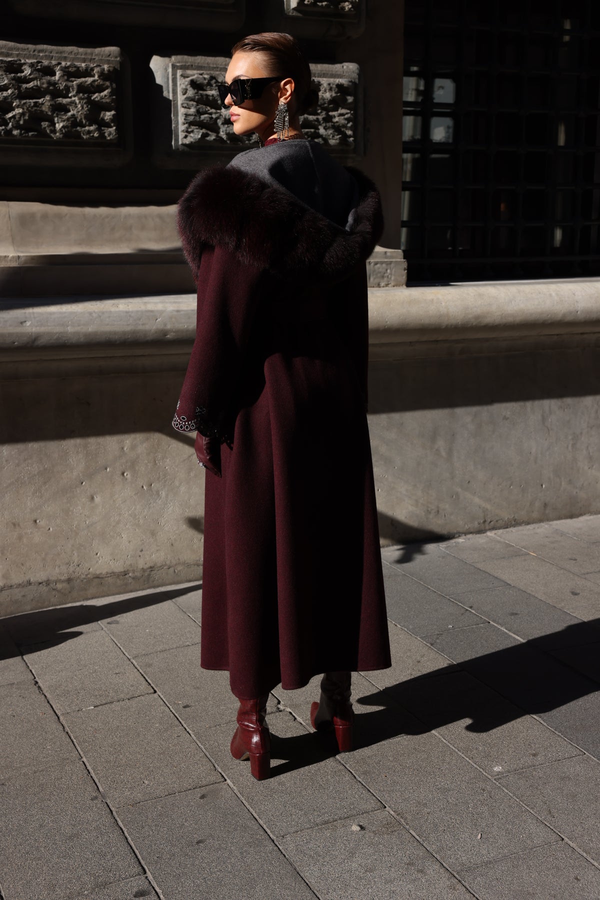 BURGUNDY EMBROIDERED ALPACA FOX FUR COAT -9021