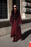 BURGUNDY EMBROIDERED ALPACA FOX FUR COAT -9021