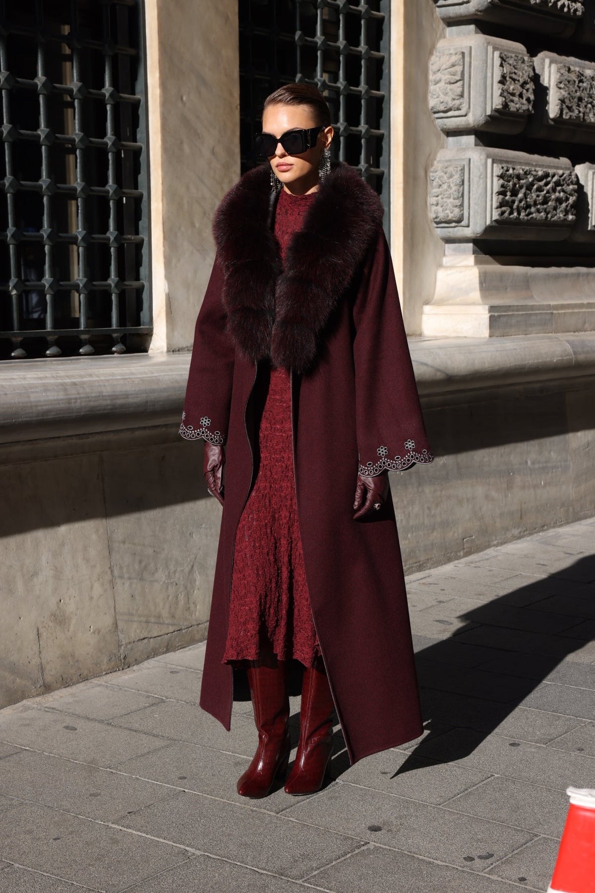 BURGUNDY EMBROIDERED ALPACA FOX FUR COAT -9021