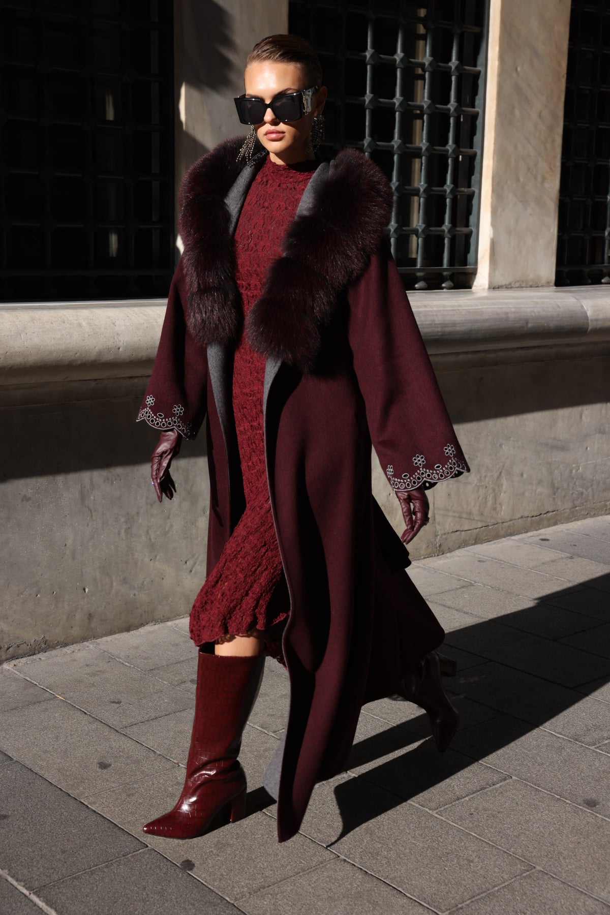 BURGUNDY EMBROIDERED ALPACA FOX FUR COAT -9021