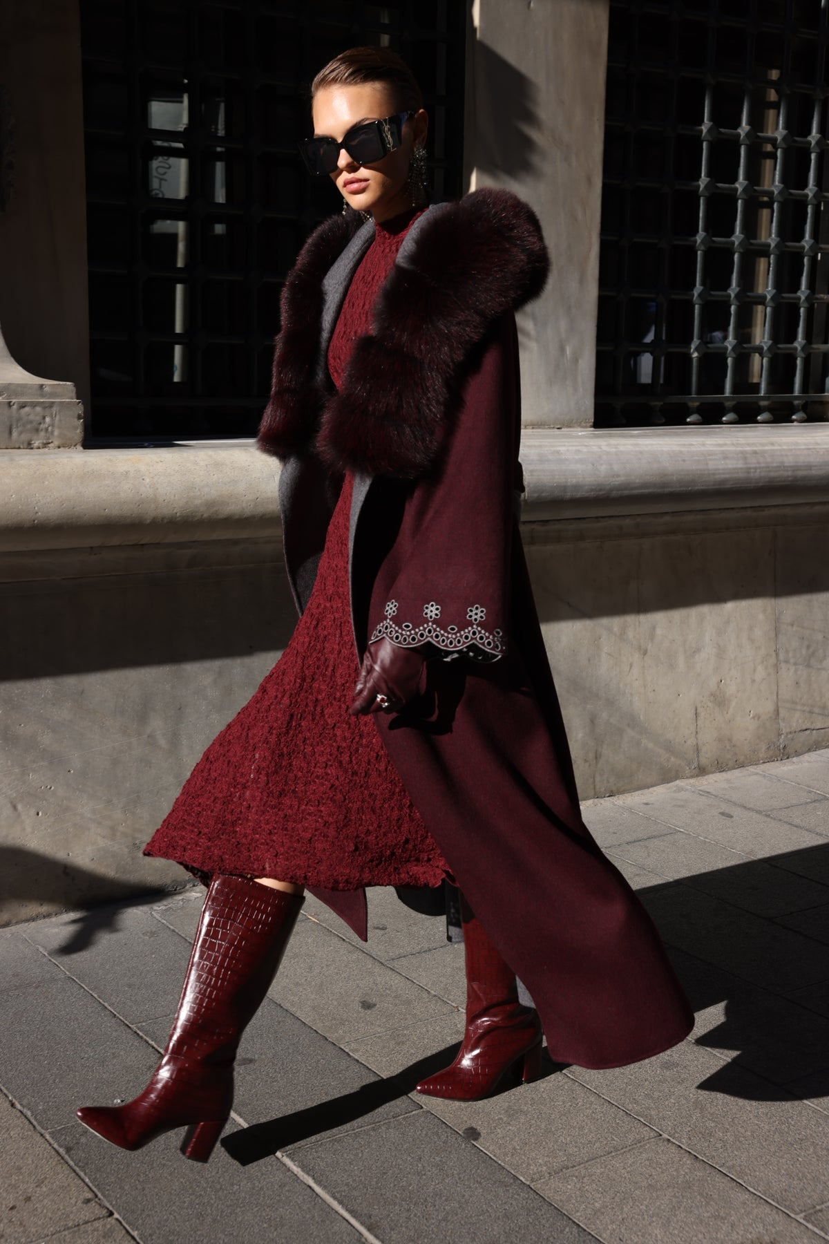 BURGUNDY EMBROIDERED ALPACA FOX FUR COAT -9021
