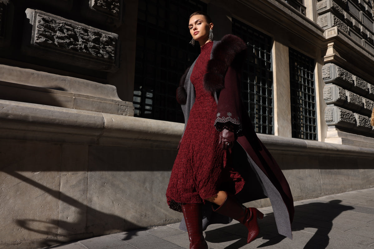 BURGUNDY EMBROIDERED ALPACA FOX FUR COAT -9021