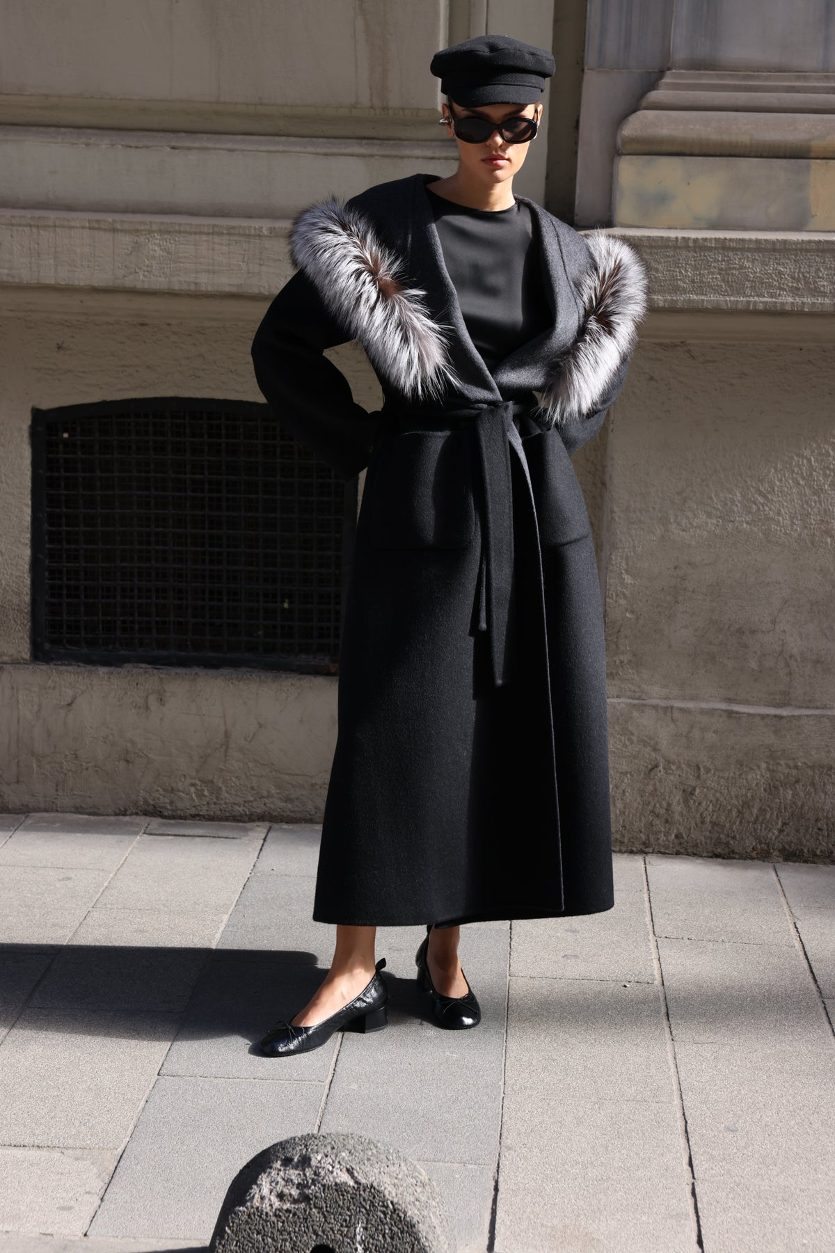 BLACK ALPACA FOX FUR COAT- 9022