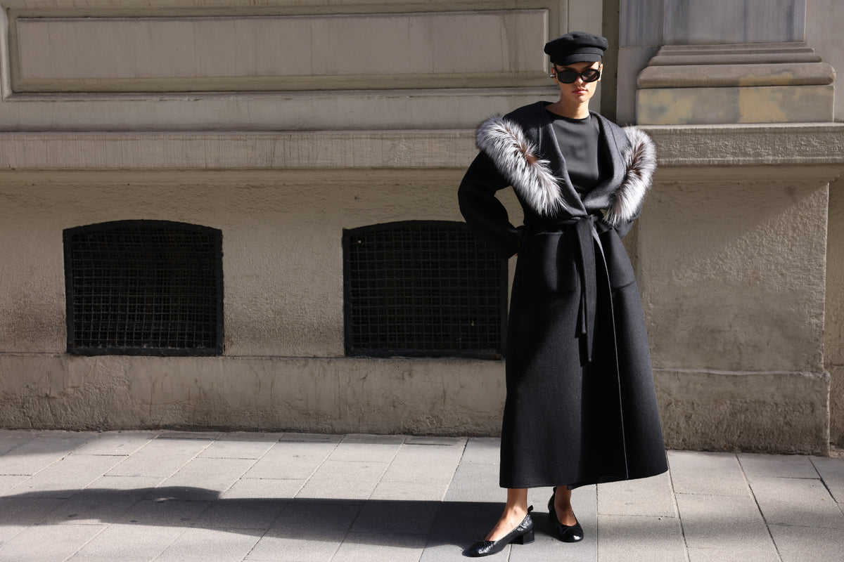 BLACK ALPACA FOX FUR COAT- 9022
