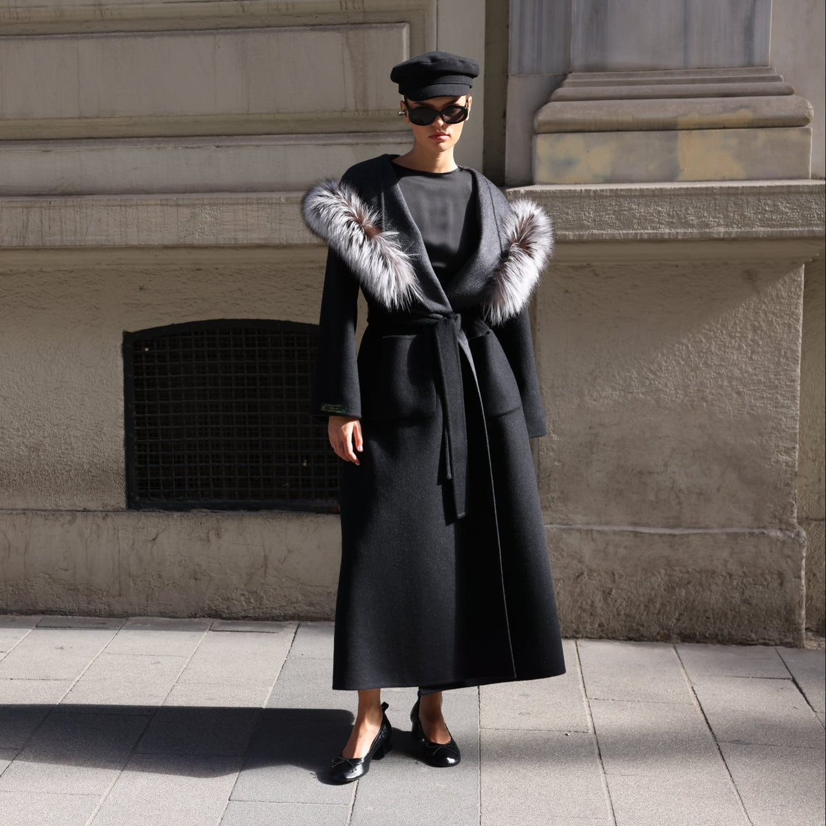 BLACK ALPACA FOX FUR COAT- 9022