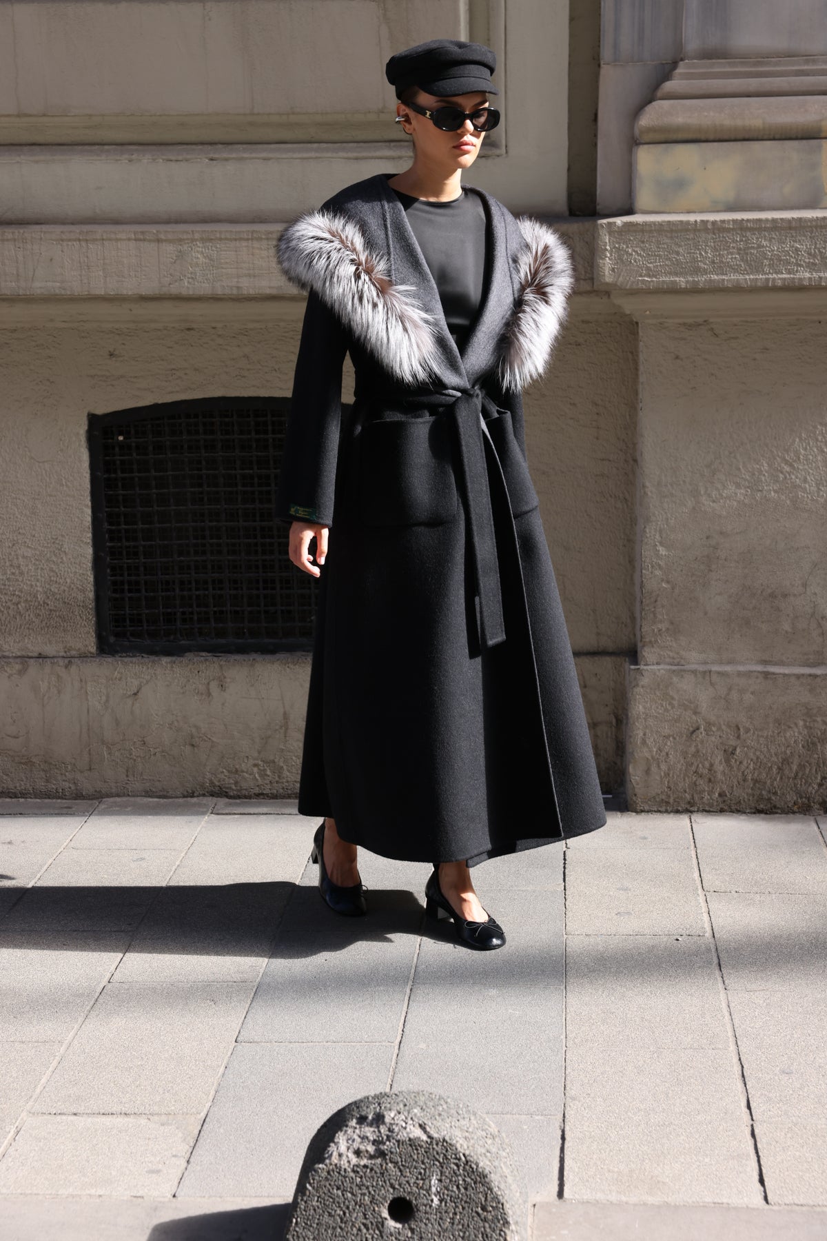 BLACK ALPACA FOX FUR COAT- 9022