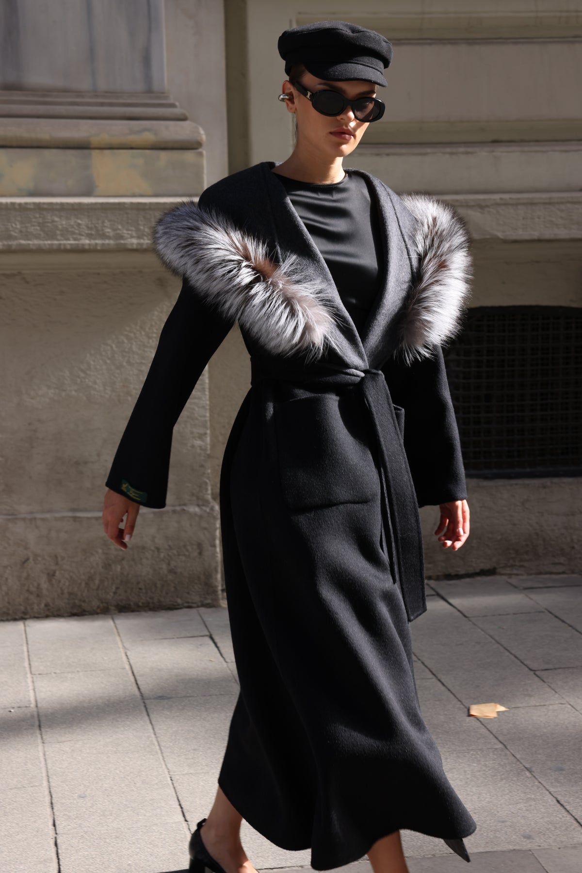 BLACK ALPACA FOX FUR COAT- 9022