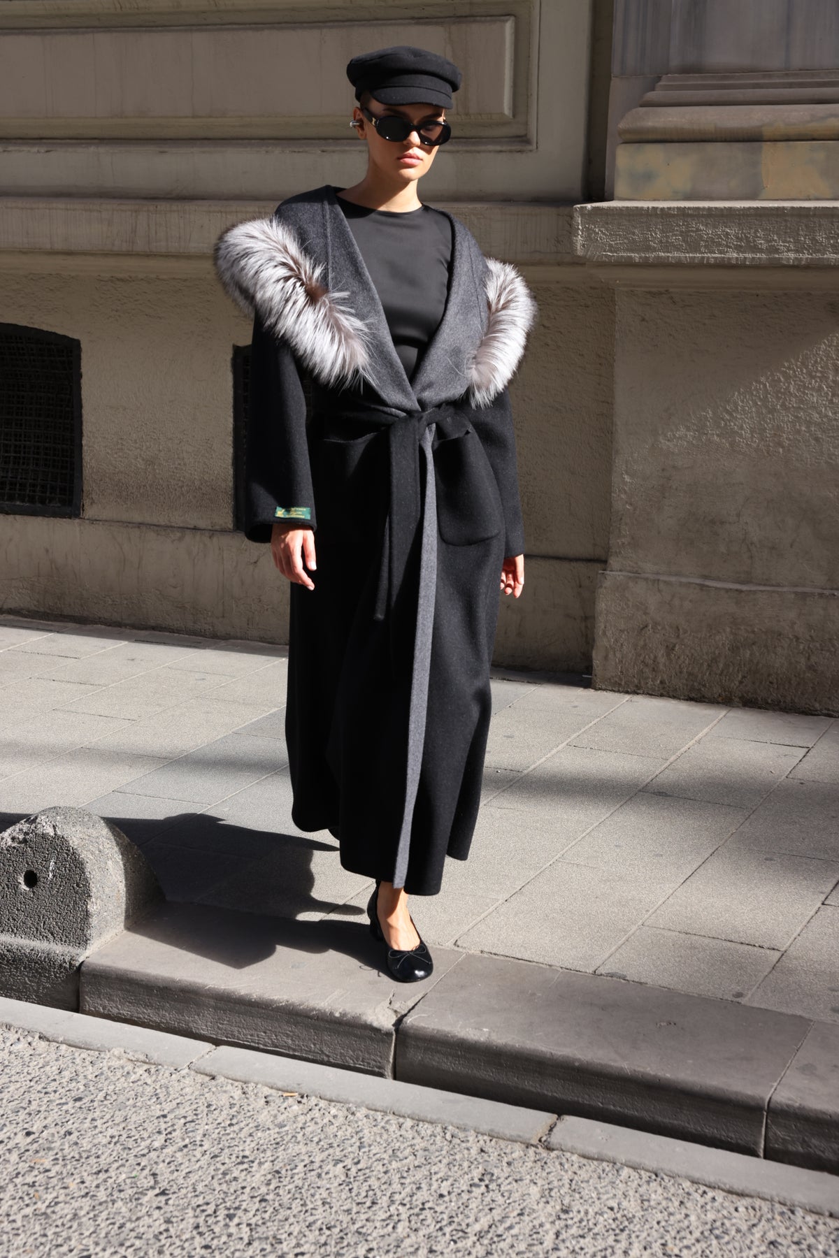 BLACK ALPACA FOX FUR COAT- 9022