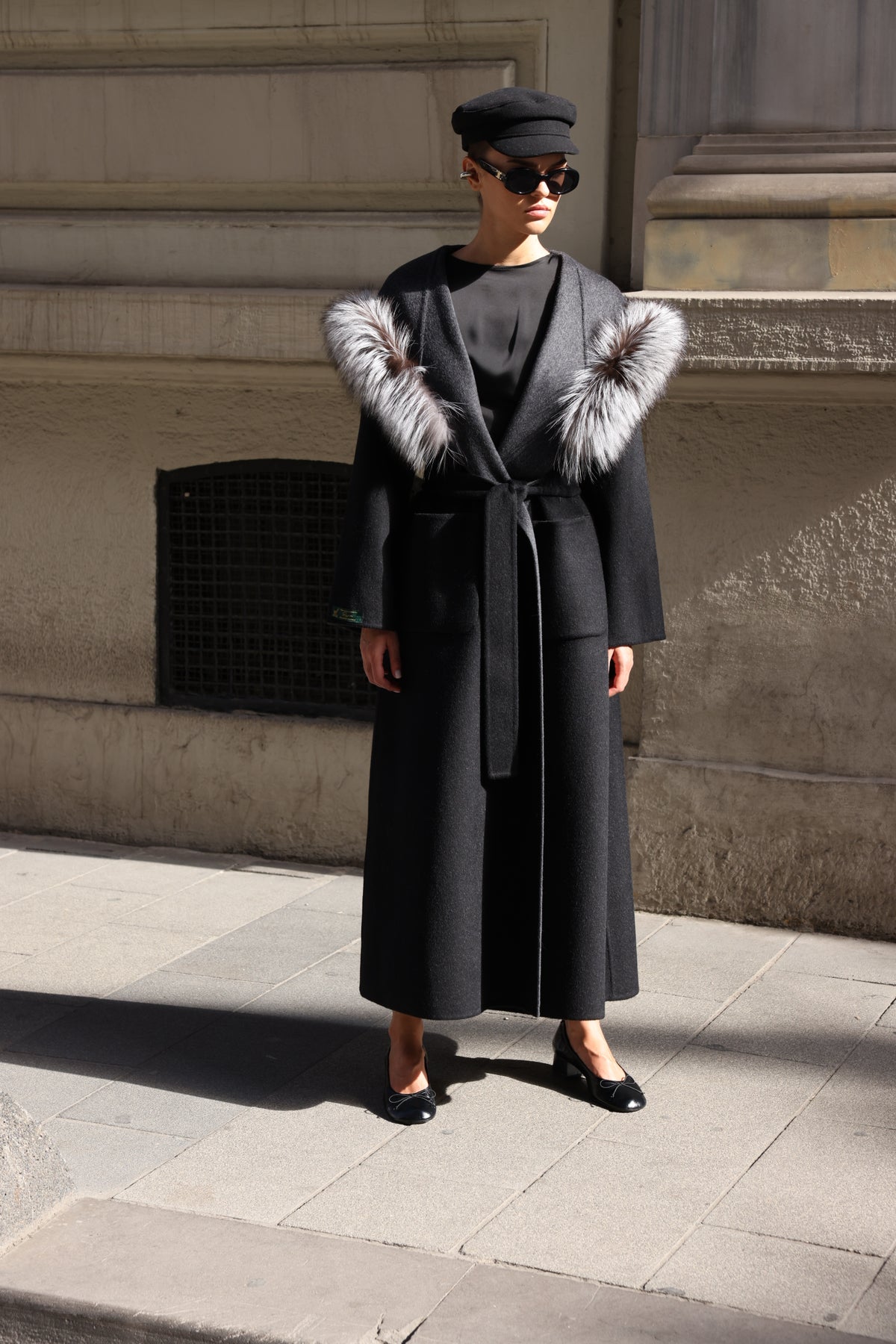 BLACK ALPACA FOX FUR COAT- 9022