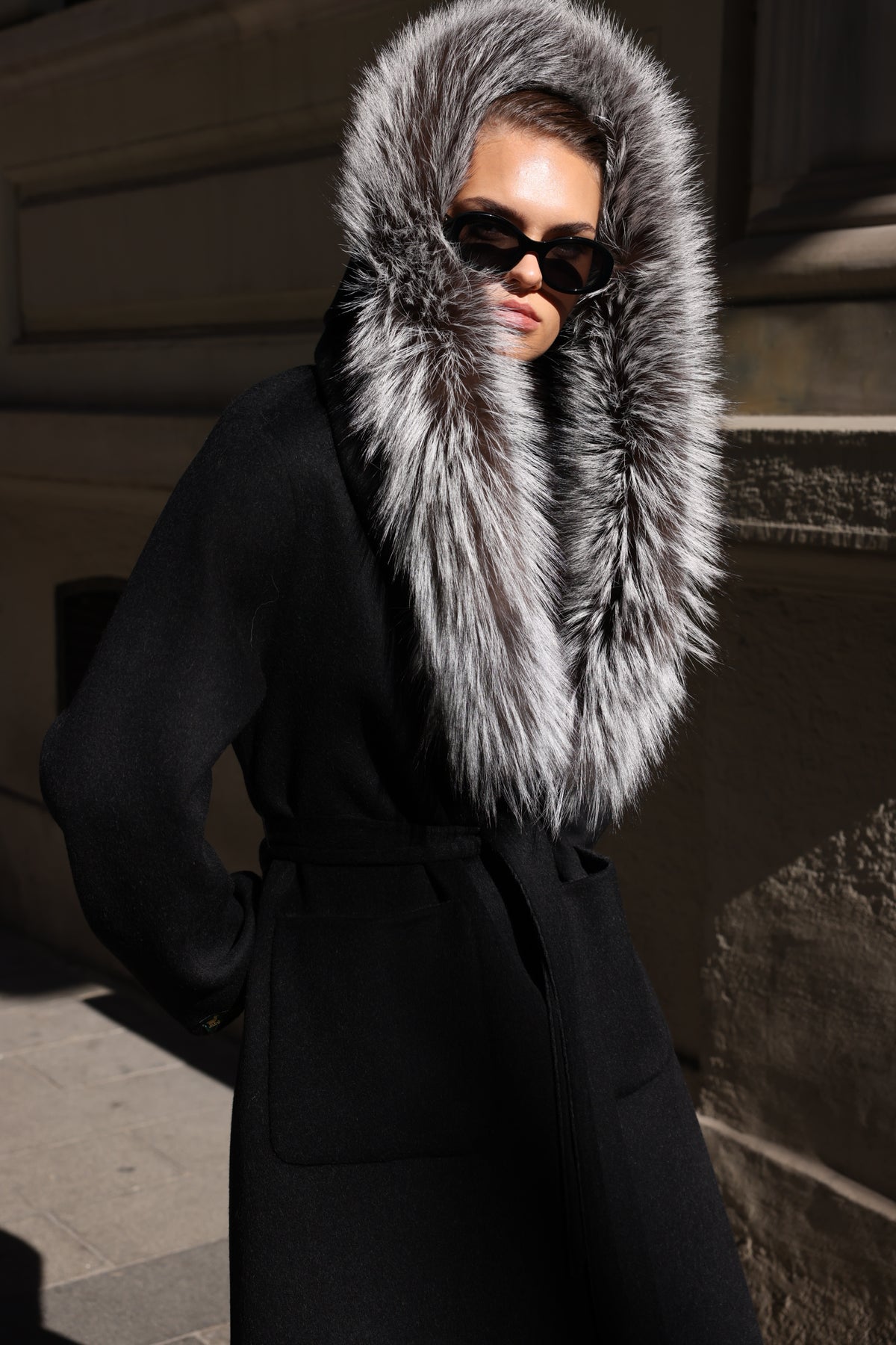 BLACK ALPACA FOX FUR COAT- 9022