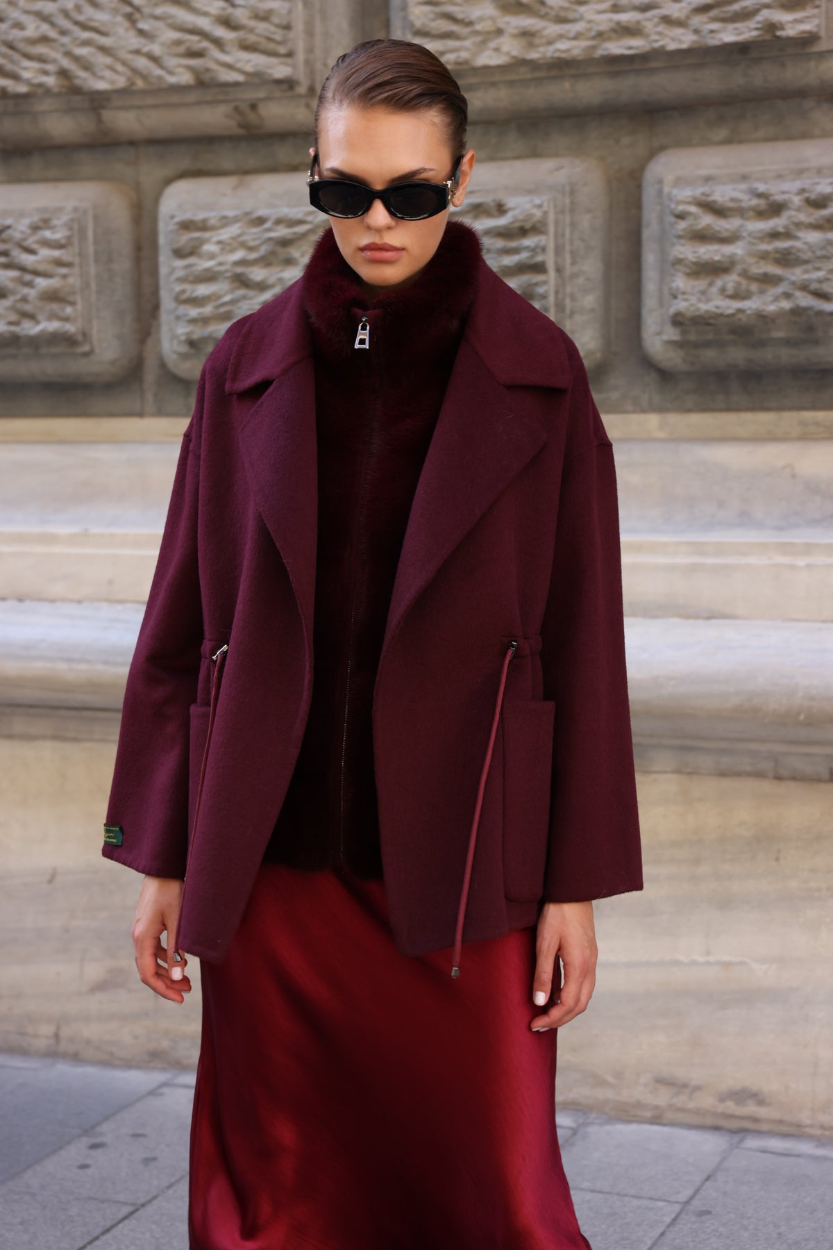 BURGUNDY ALPACA MINK FUR VEST JACKET -9478
