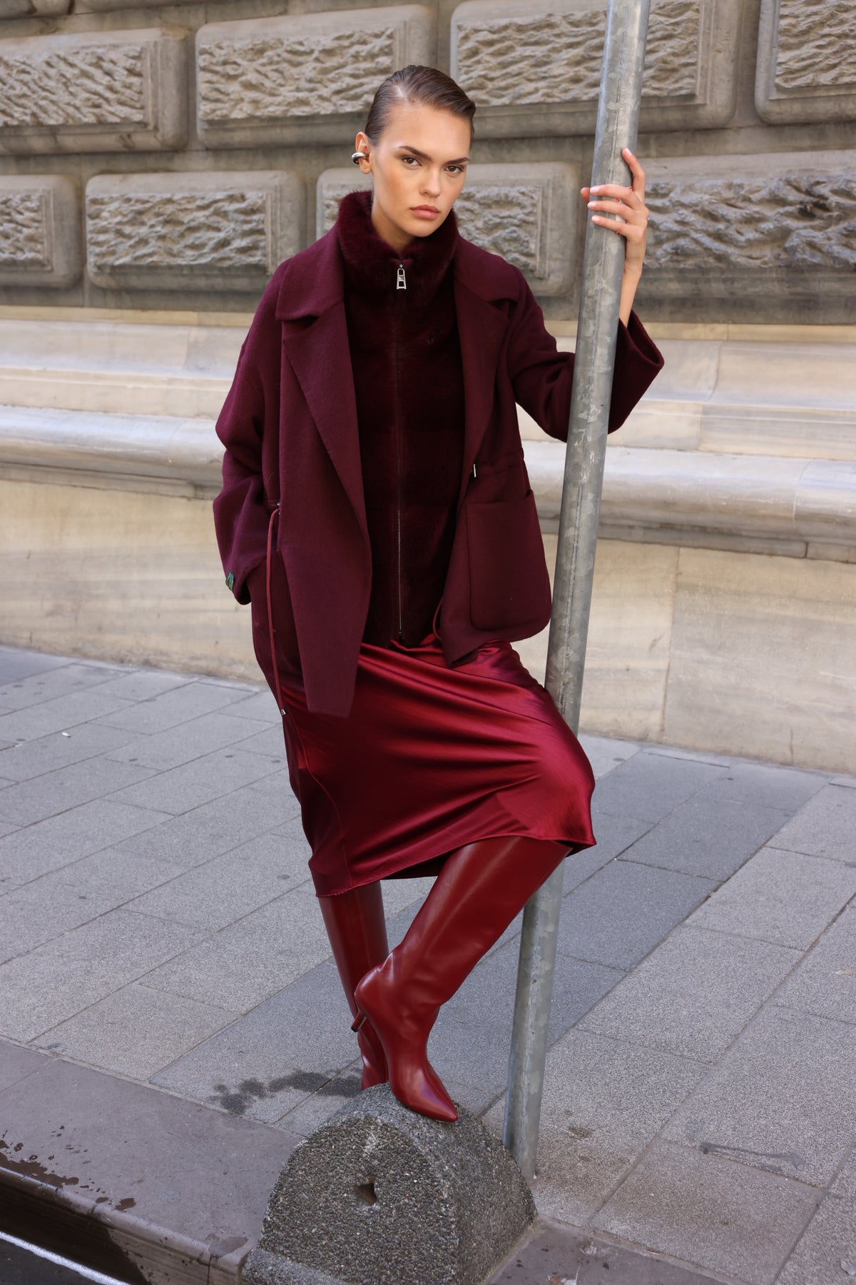 BURGUNDY ALPACA MINK FUR VEST JACKET -9478