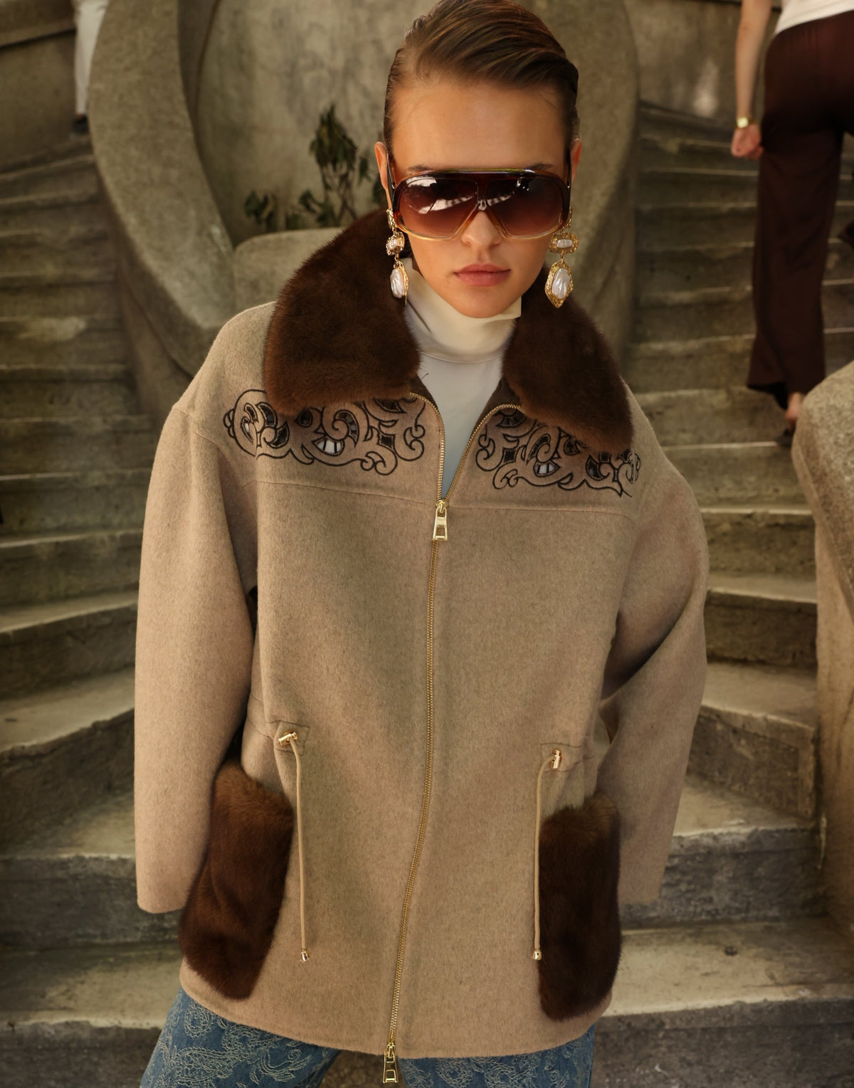 BEIGE EMBROIDERED ALPACA MINK FUR JACEKT -9697