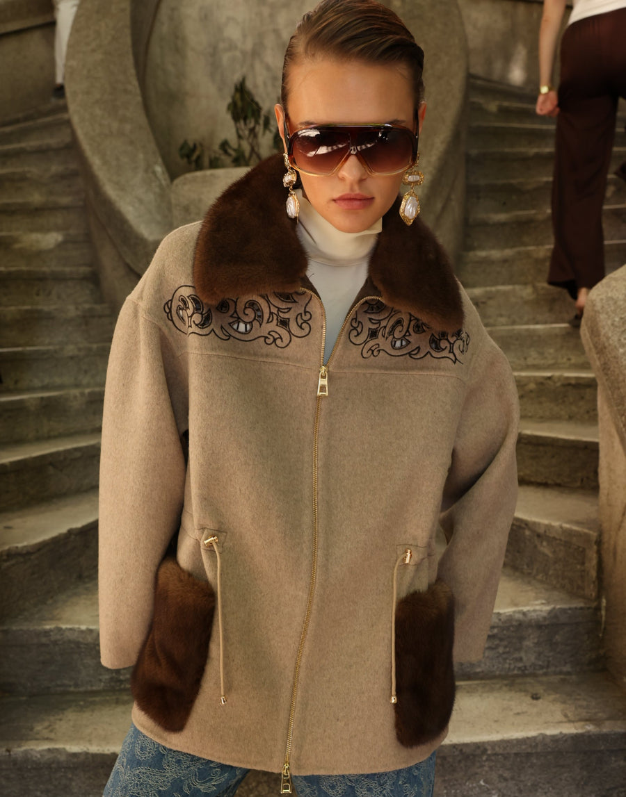 BEIGE EMBROIDERED ALPACA MINK FUR JACEKT -9697