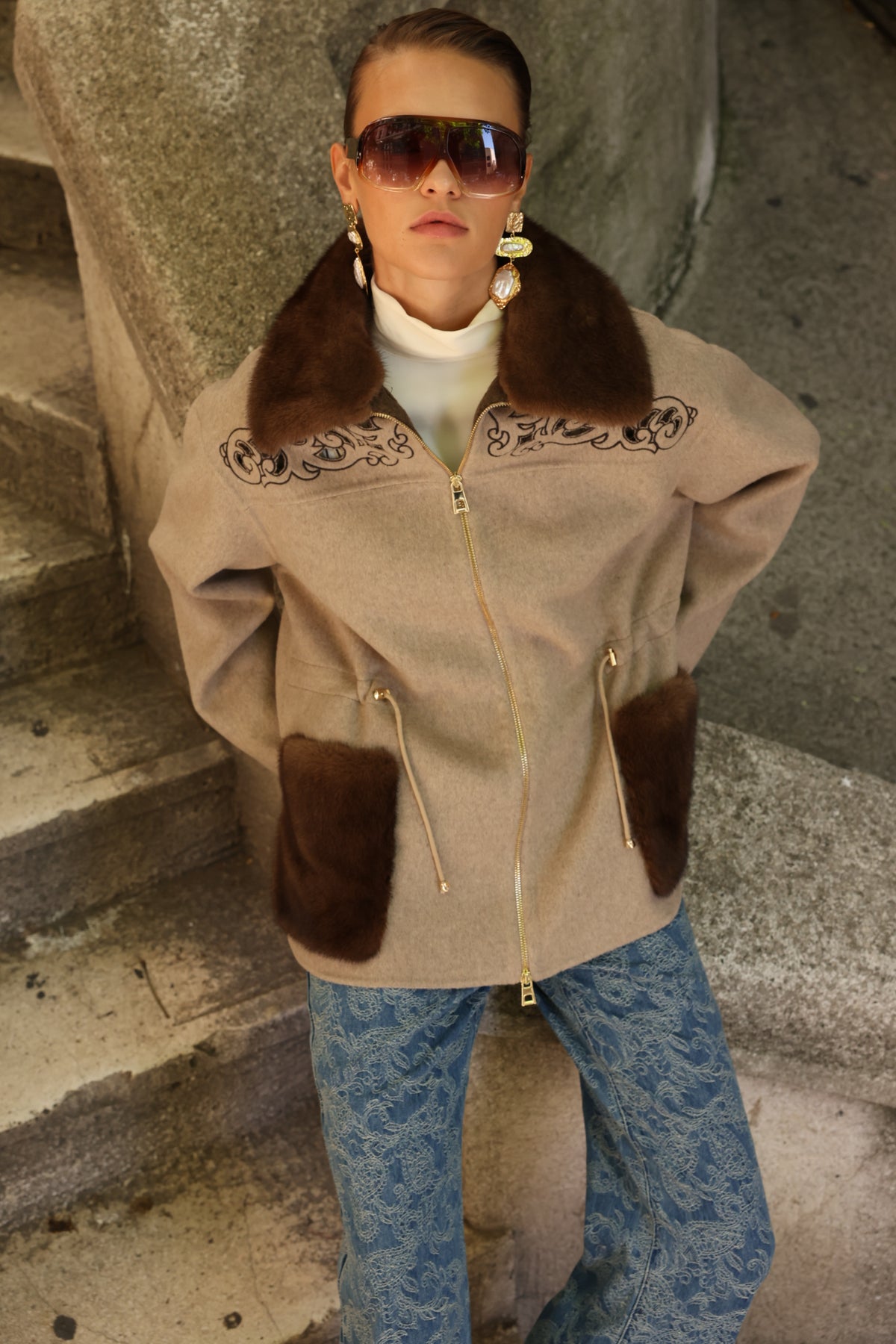 BEIGE EMBROIDERED ALPACA MINK FUR JACEKT -9697