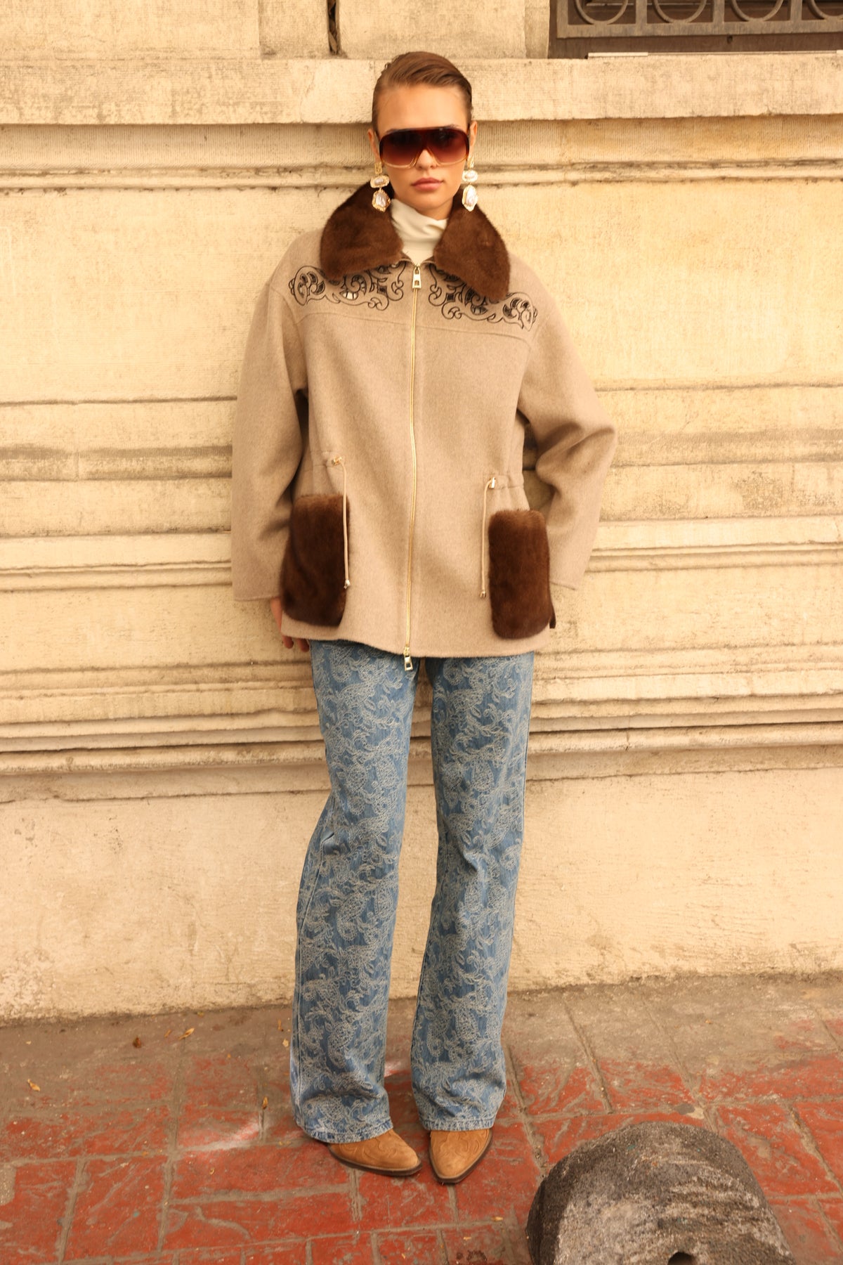 BEIGE EMBROIDERED ALPACA MINK FUR JACEKT -9697
