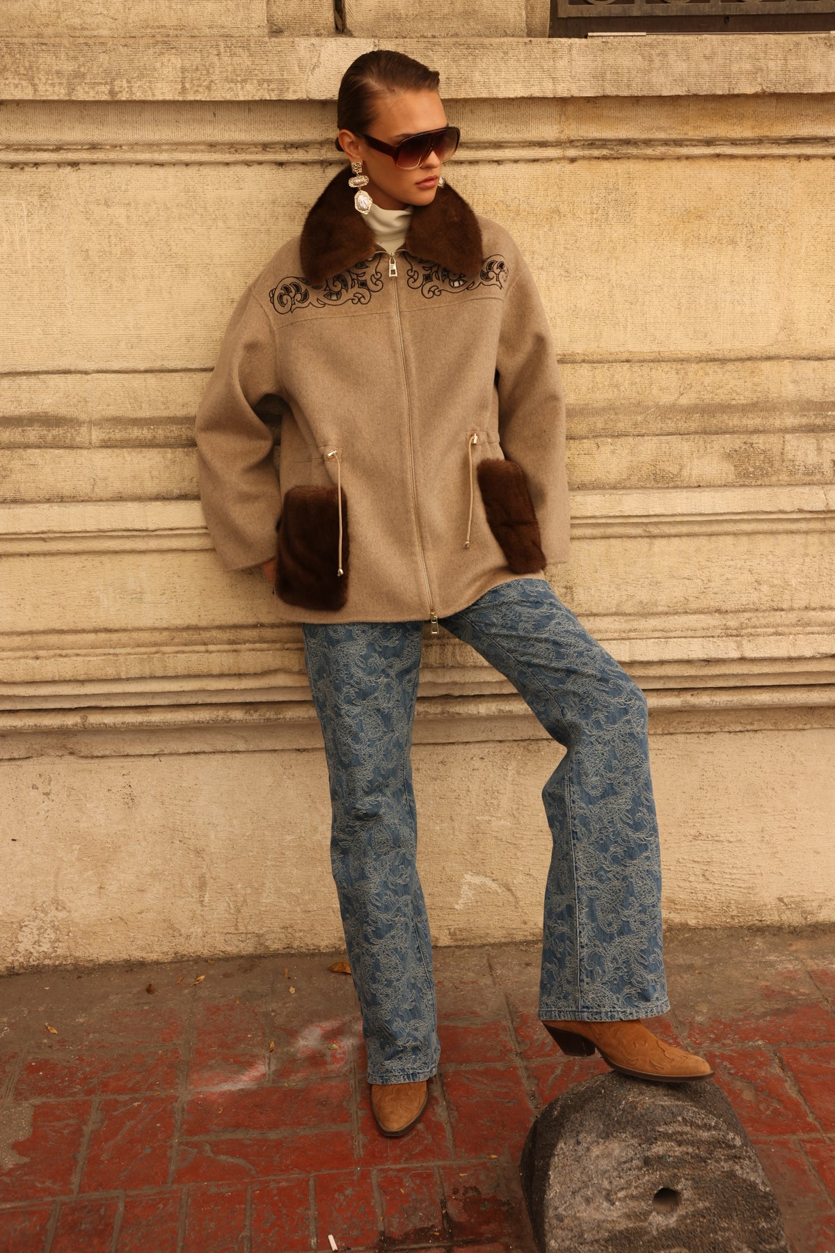 BEIGE EMBROIDERED ALPACA MINK FUR JACEKT -9697