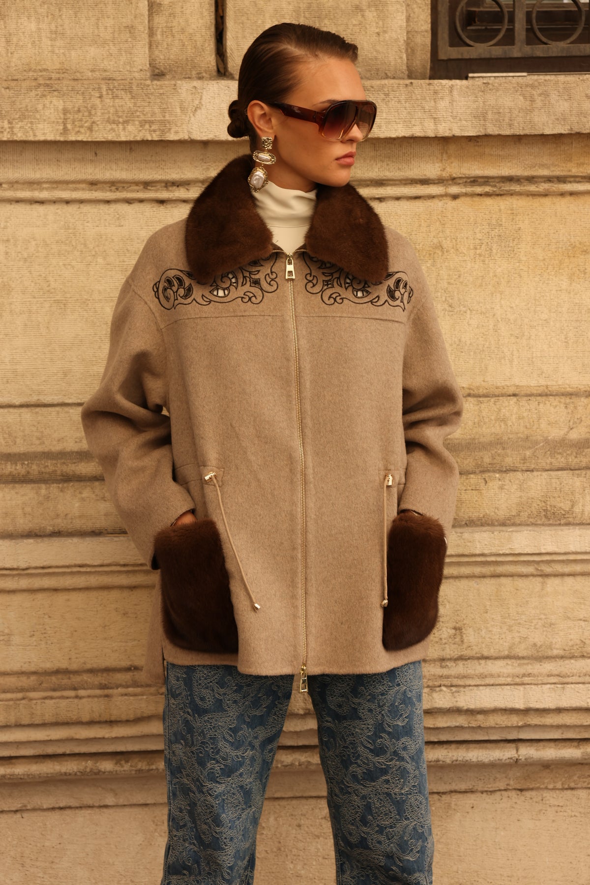 BEIGE EMBROIDERED ALPACA MINK FUR JACEKT -9697
