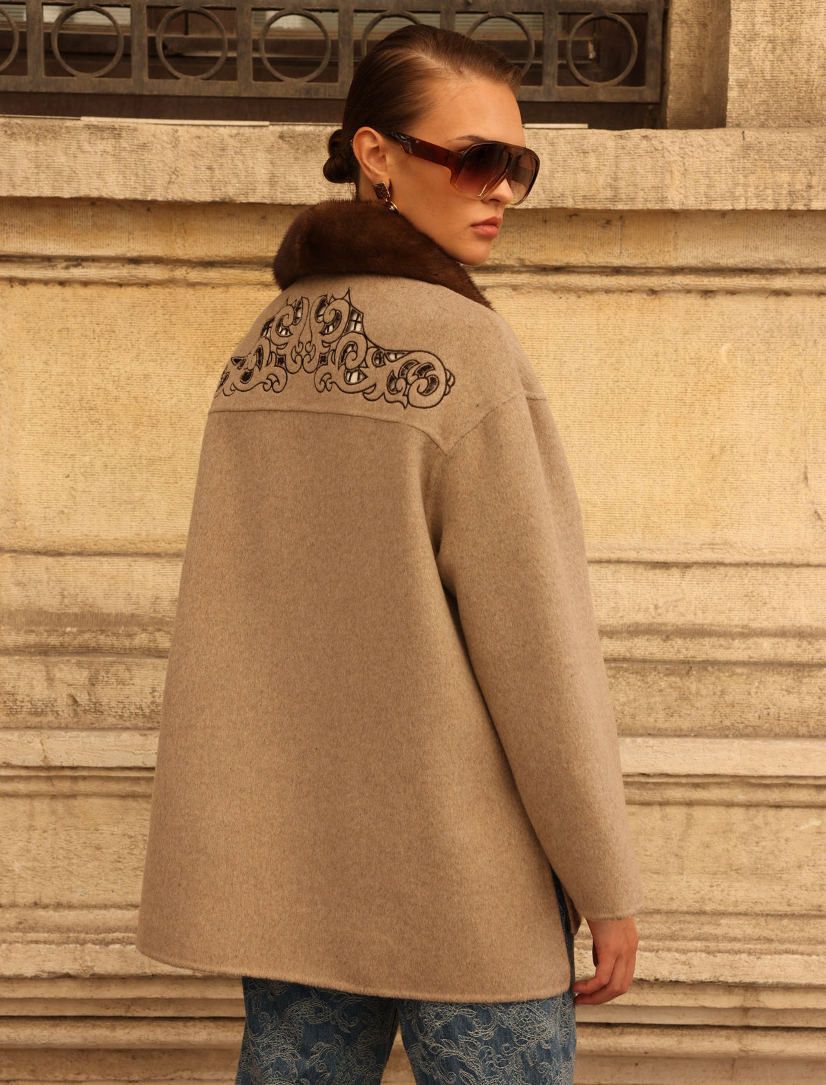 BEIGE EMBROIDERED ALPACA MINK FUR JACEKT -9697