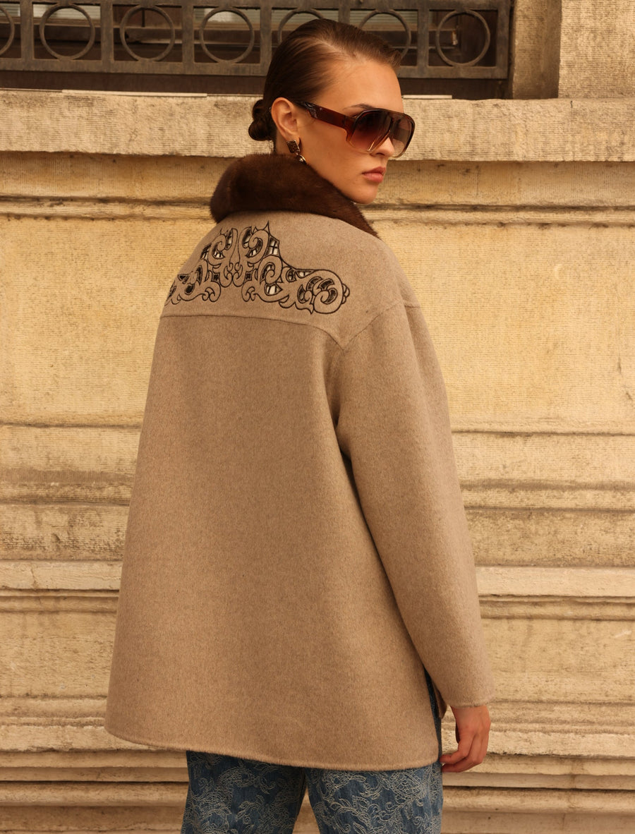 BEIGE EMBROIDERED ALPACA MINK FUR JACEKT -9697