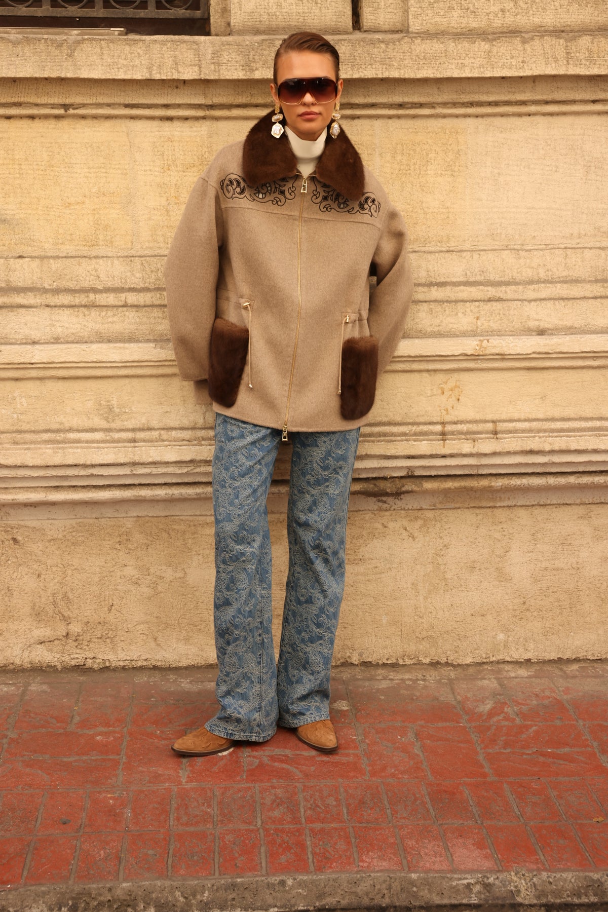 BEIGE EMBROIDERED ALPACA MINK FUR JACEKT -9697