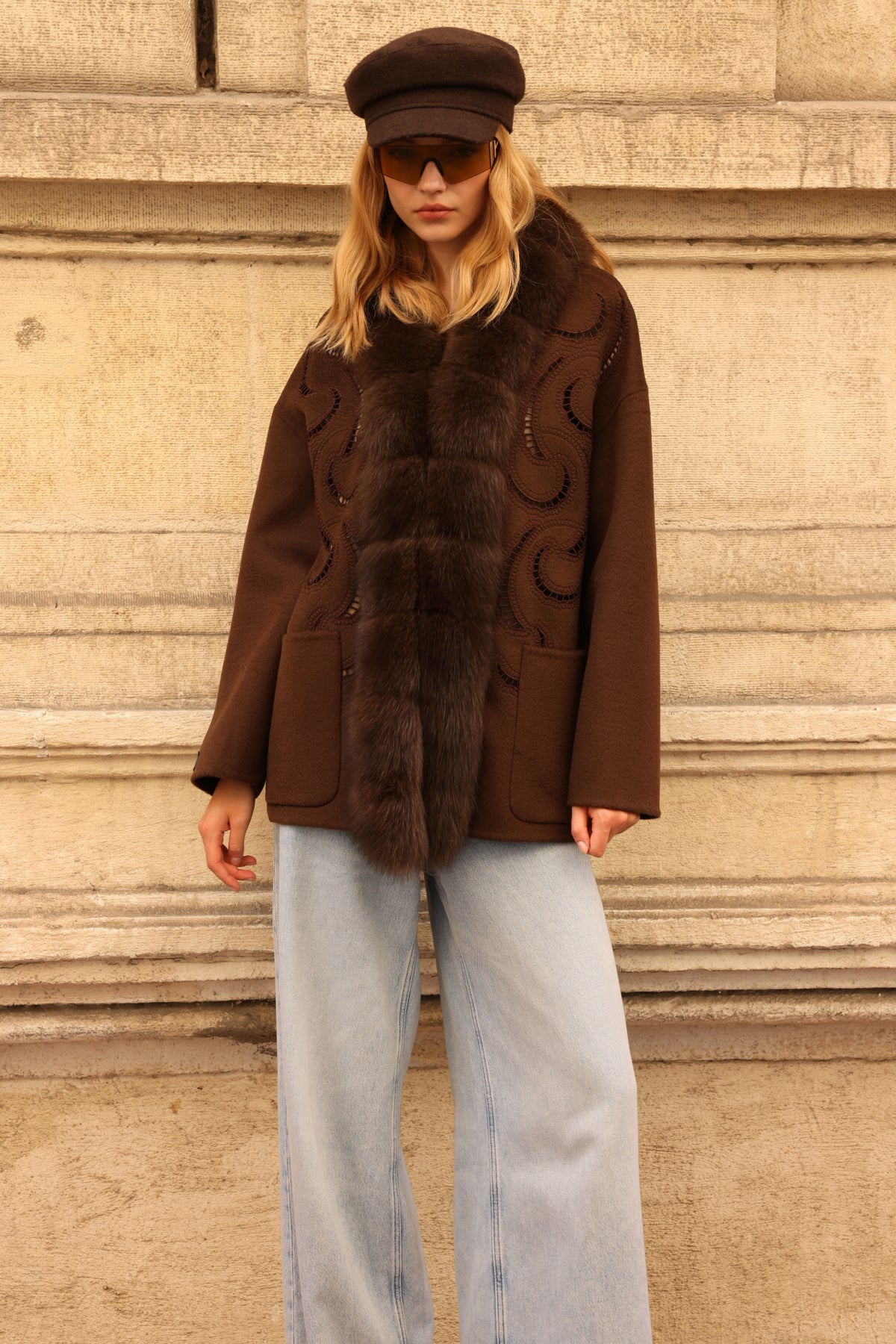 BROWN EMBROIDERED ALPACA FOX JACEKT -9445