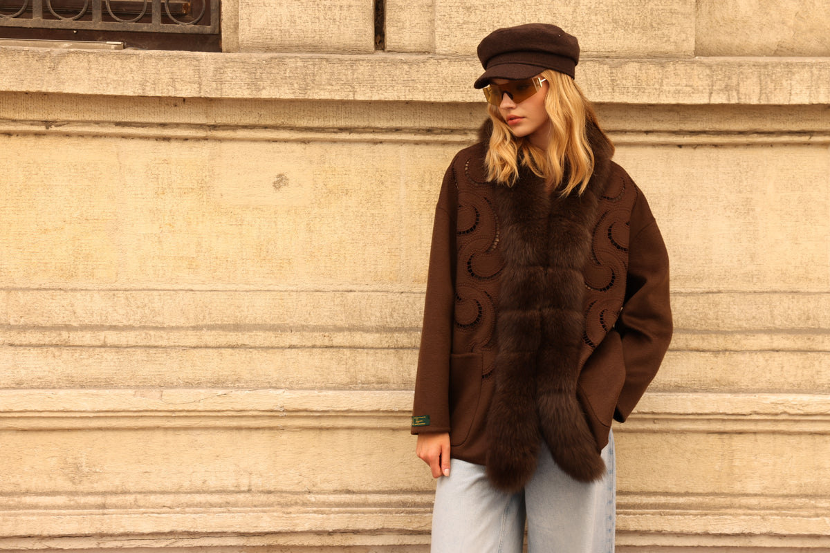 BROWN EMBROIDERED ALPACA FOX JACEKT -9445
