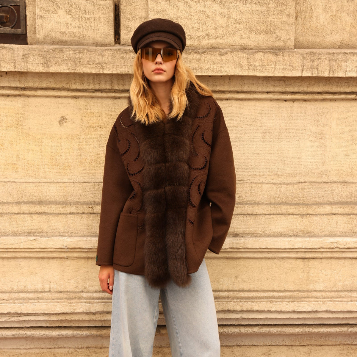 BROWN EMBROIDERED ALPACA FOX JACEKT -9445