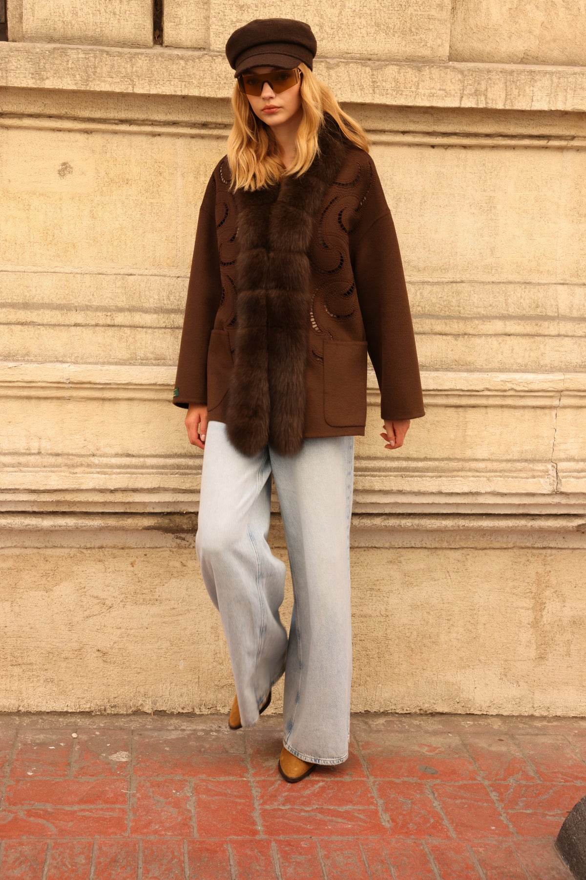 BROWN EMBROIDERED ALPACA FOX JACEKT -9445