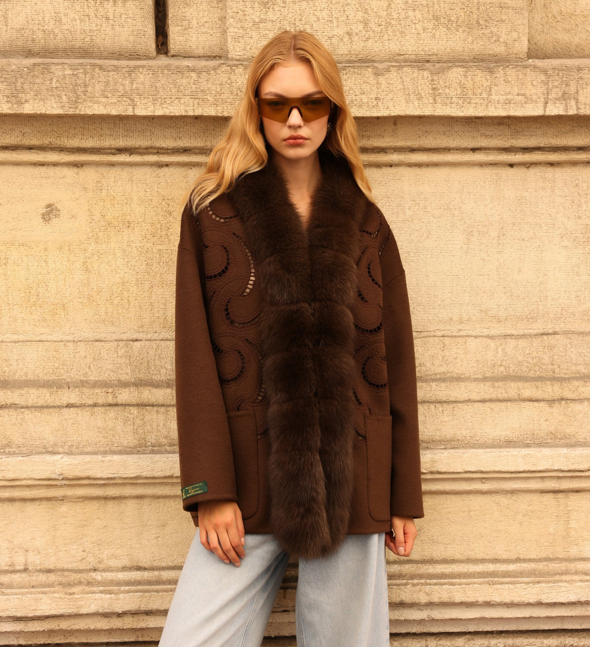 BROWN EMBROIDERED ALPACA FOX JACEKT -9445