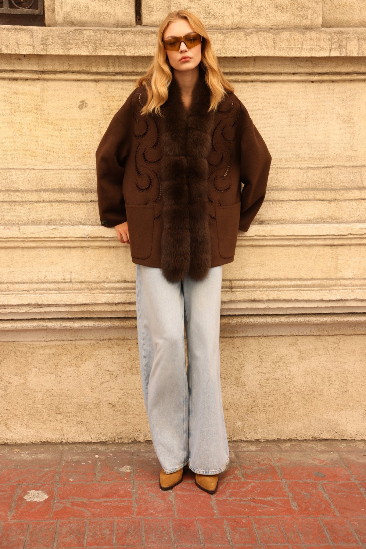 BROWN EMBROIDERED ALPACA FOX JACEKT -9445