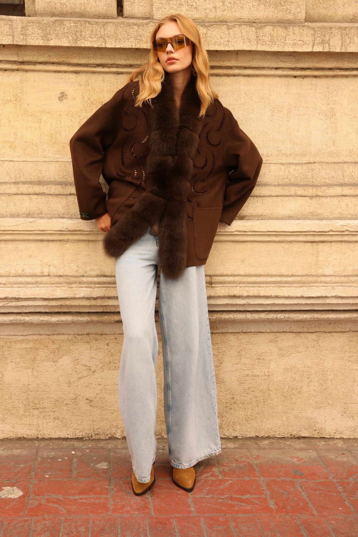 BROWN EMBROIDERED ALPACA FOX JACEKT -9445