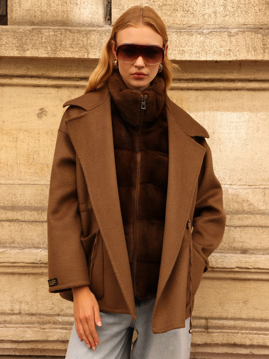BROWN ALPACA MINK FUR VEST JACKET -9478