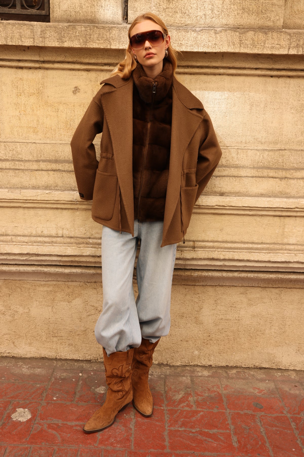 BROWN ALPACA MINK FUR VEST JACKET -9478