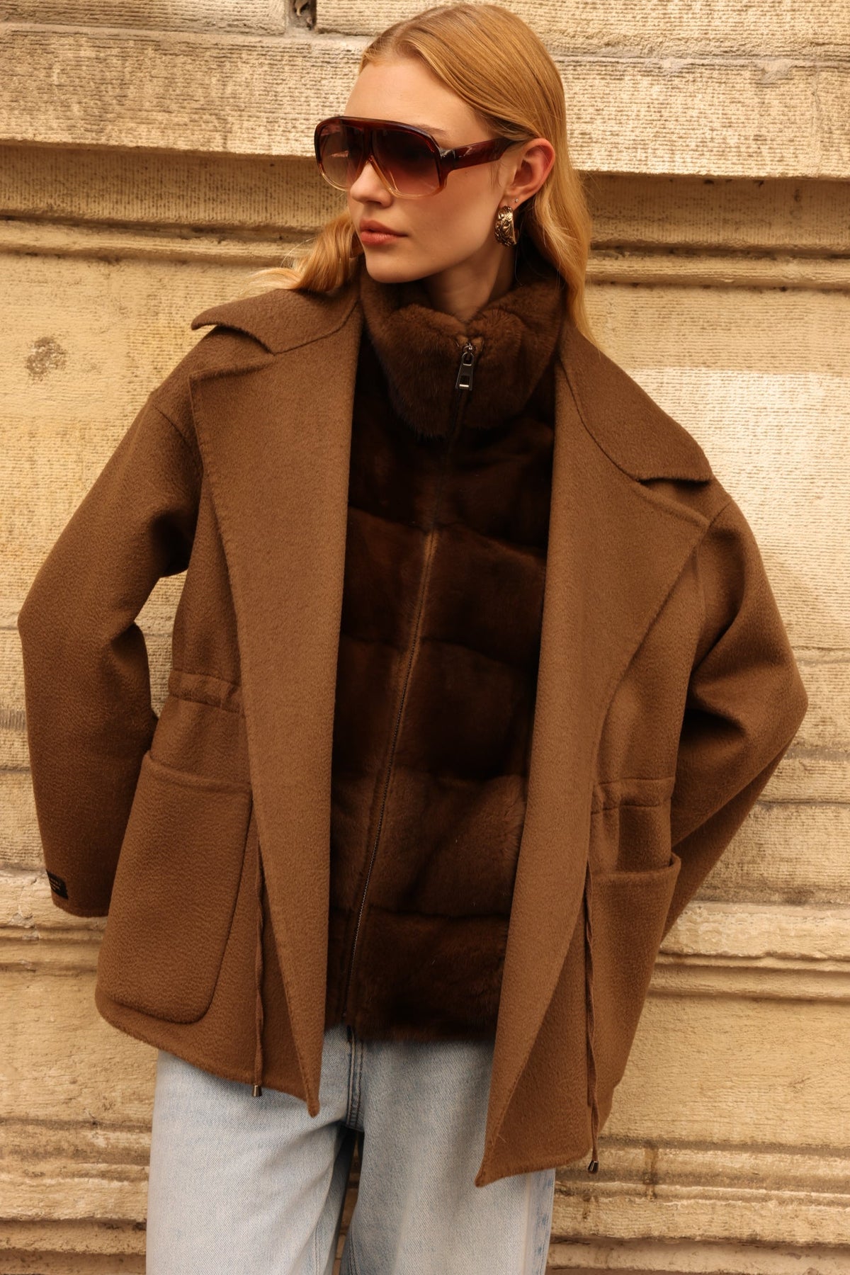 BROWN ALPACA MINK FUR VEST JACKET -9478