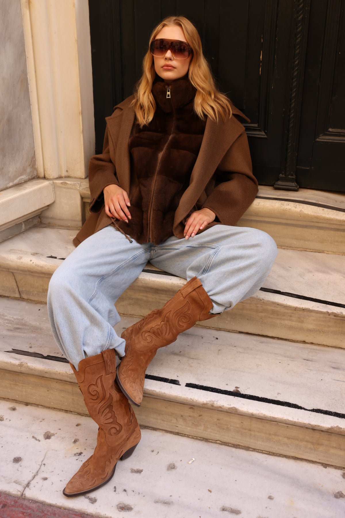 BROWN ALPACA MINK FUR VEST JACKET -9478