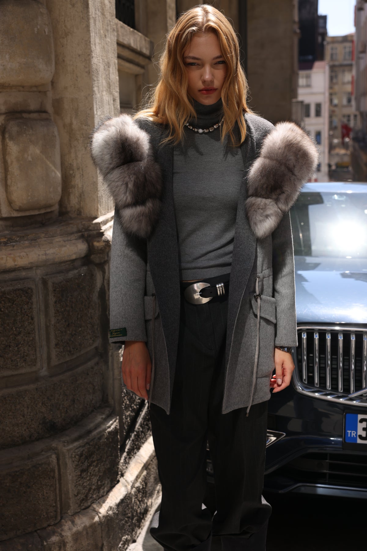GREY HOODED ALPACA FOX FUR COAT -3858