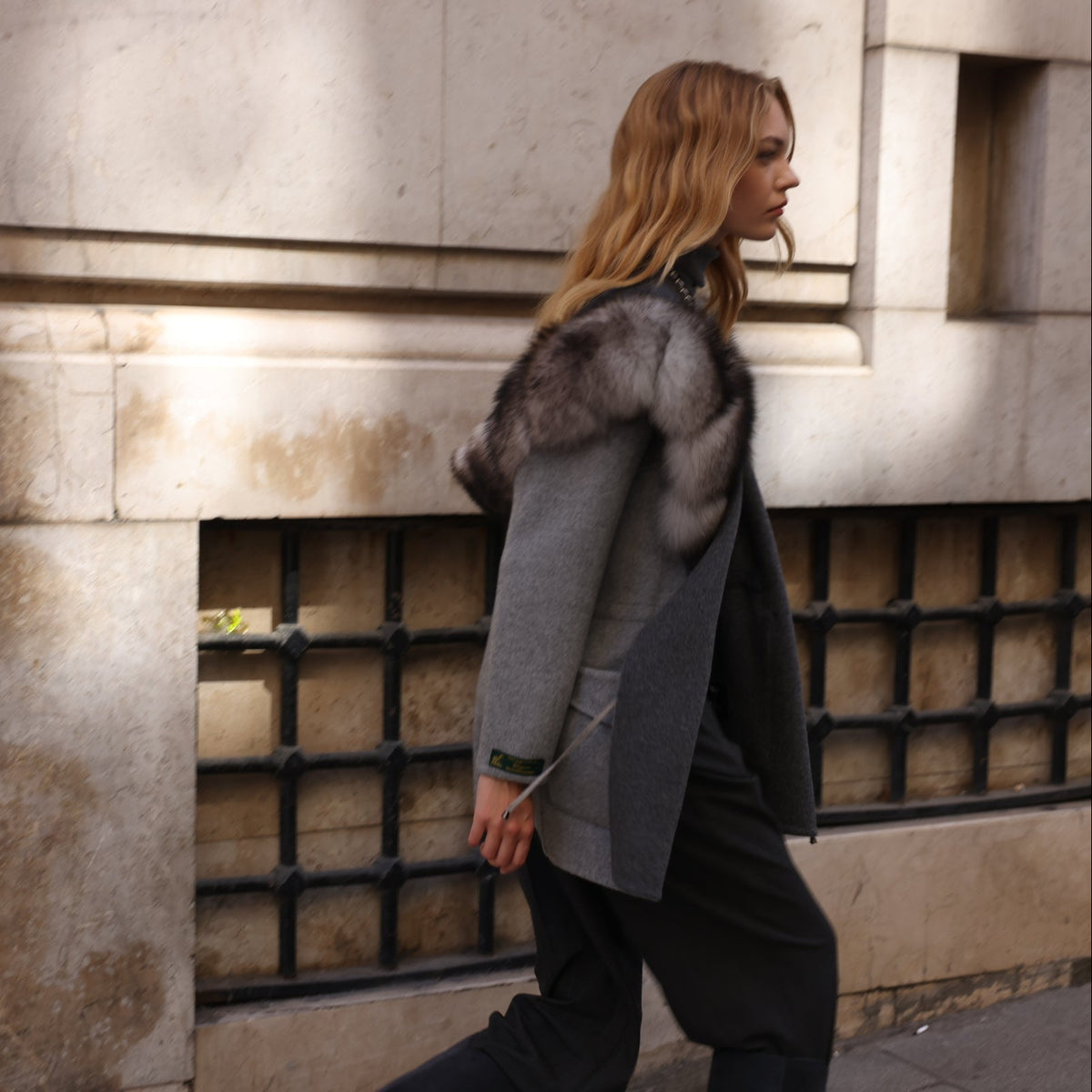 GREY HOODED ALPACA FOX FUR COAT -3858