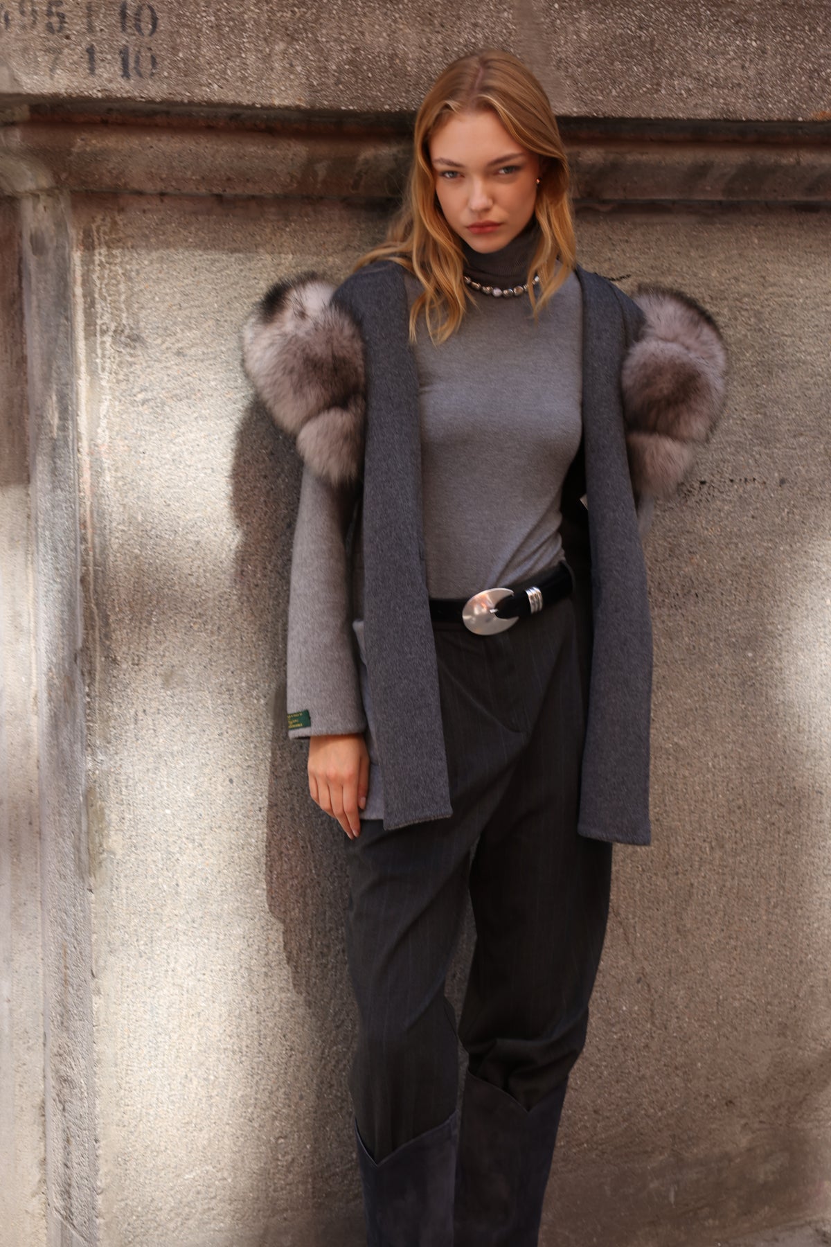 GREY HOODED ALPACA FOX FUR COAT -3858