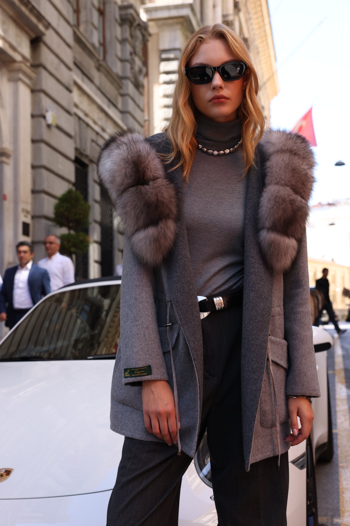 GREY HOODED ALPACA FOX FUR COAT -3858